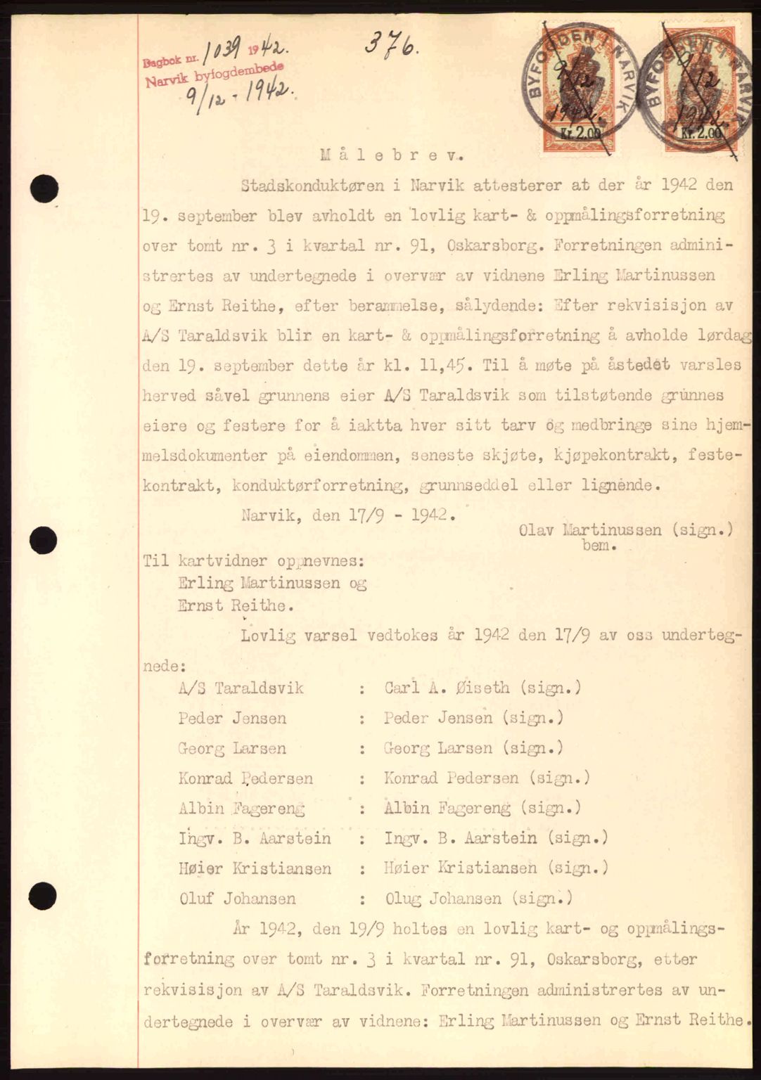 Narvik sorenskriveri, SAT/A-0002/1/2/2C/2Ca: Pantebok nr. A19, 1942-1943, Dagboknr: 1039/1942