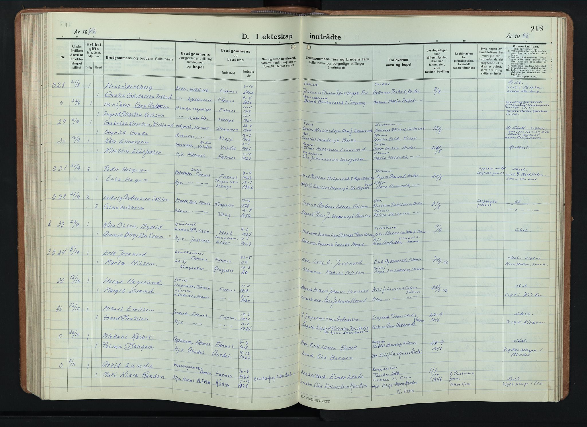 Furnes prestekontor, SAH/PREST-012/L/La/L0002: Klokkerbok nr. 2, 1934-1956, s. 218