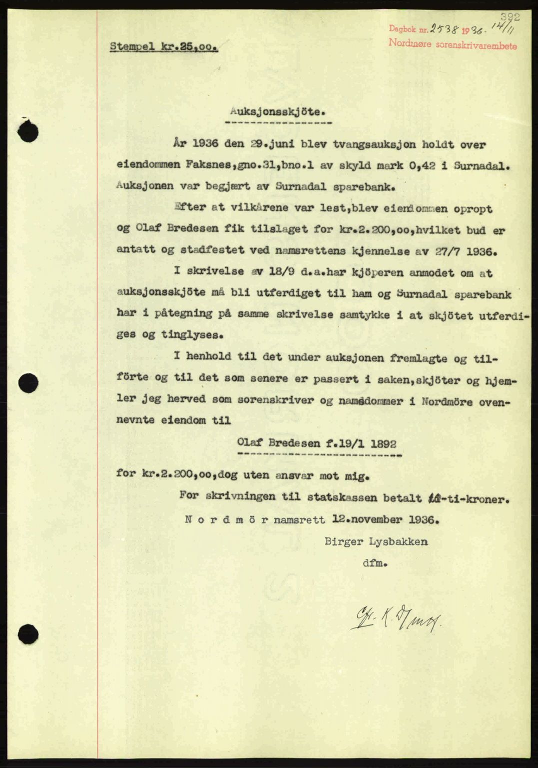 Nordmøre sorenskriveri, SAT/A-4132/1/2/2Ca: Pantebok nr. A80, 1936-1937, Dagboknr: 2538/1936