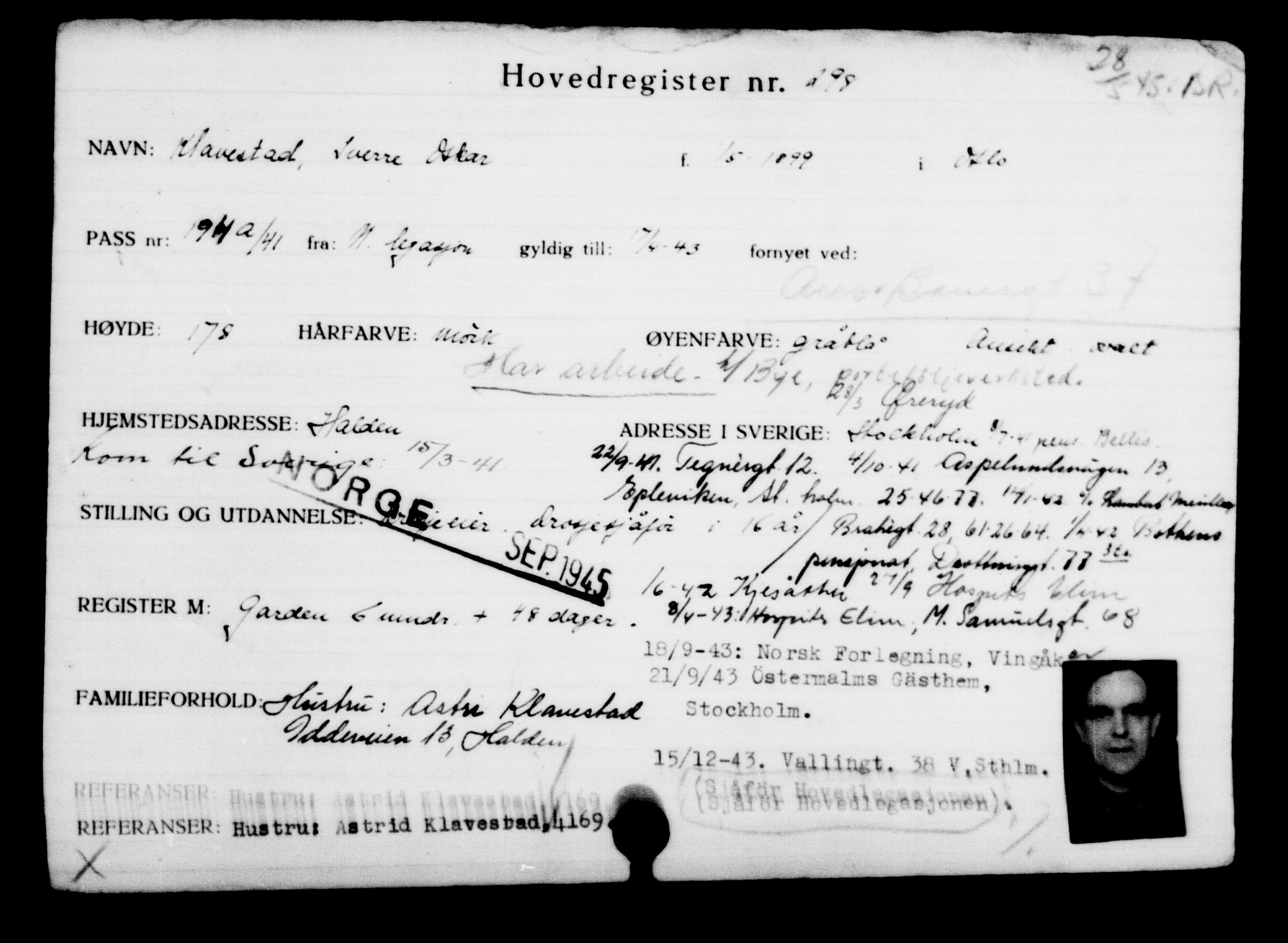 Utenriksstasjonene, Legasjonen i Stockholm, Flyktningkontoret, AV/RA-S-6753/V/Va/L0001: Kjesäterkartoteket, flyktninger med registreringsnr. 1-1000, 1940-1945, s. 477