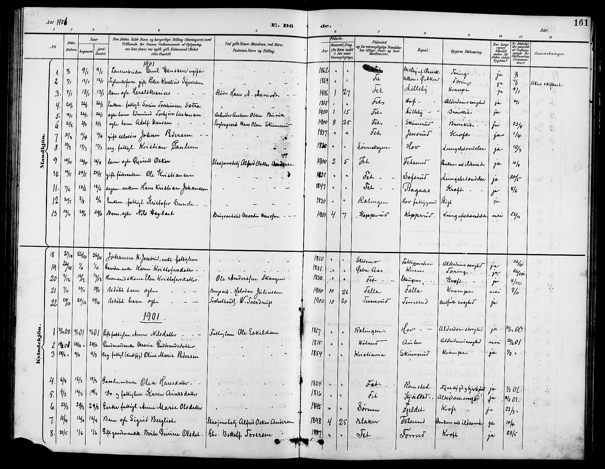 Fet prestekontor Kirkebøker, AV/SAO-A-10370a/G/Ga/L0007: Klokkerbok nr. I 7, 1892-1906, s. 161