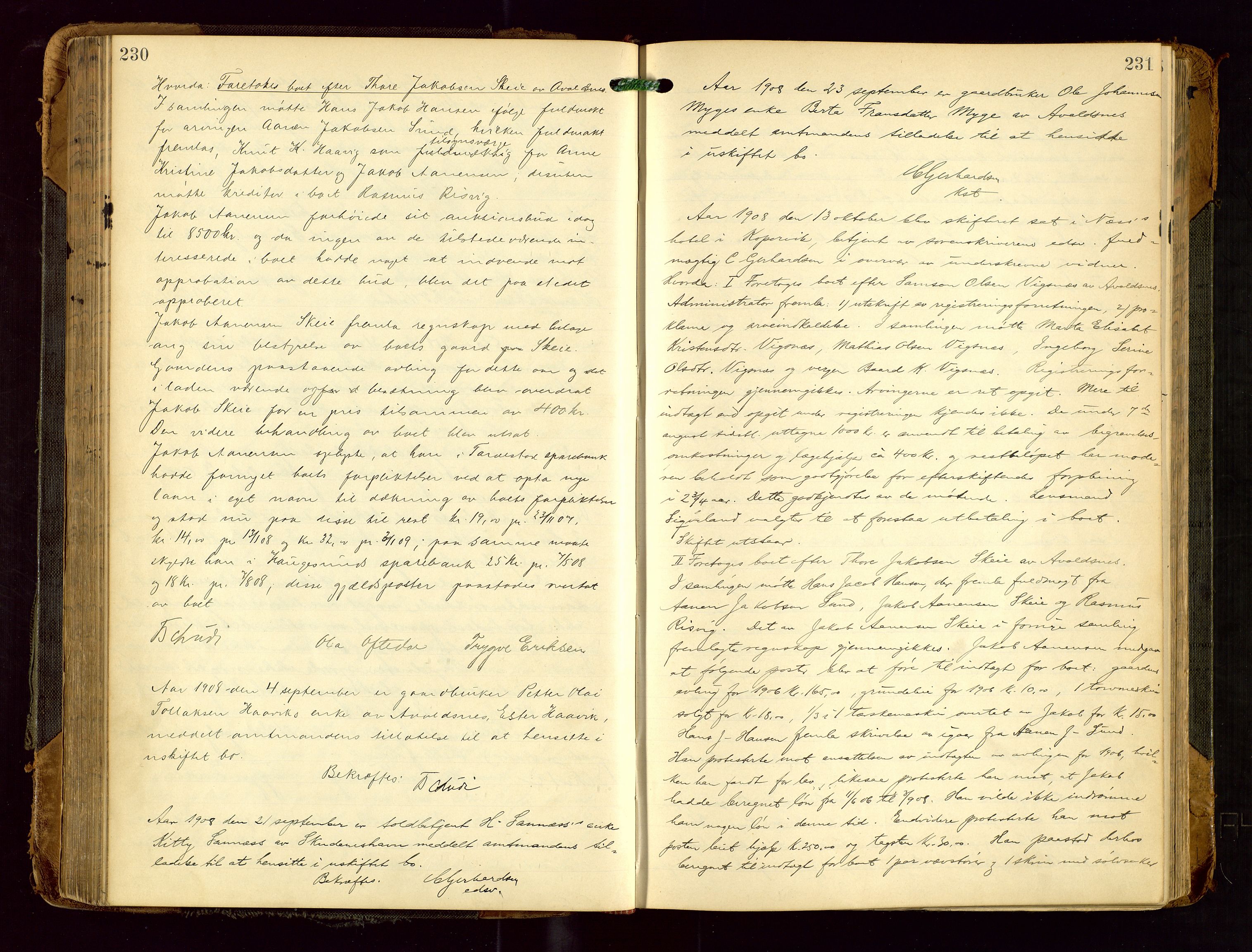 Karmsund sorenskriveri, AV/SAST-A-100311/01/IV/IVDB/L0013: SKIFTEPROTOKOLL SKUDENES, AVALDSNES, 1904-1920, s. 230-231