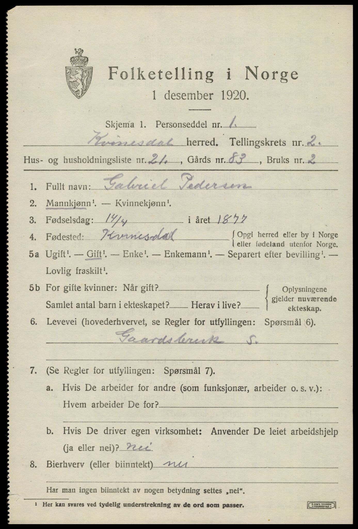 SAK, Folketelling 1920 for 1037 Kvinesdal herred, 1920, s. 2103