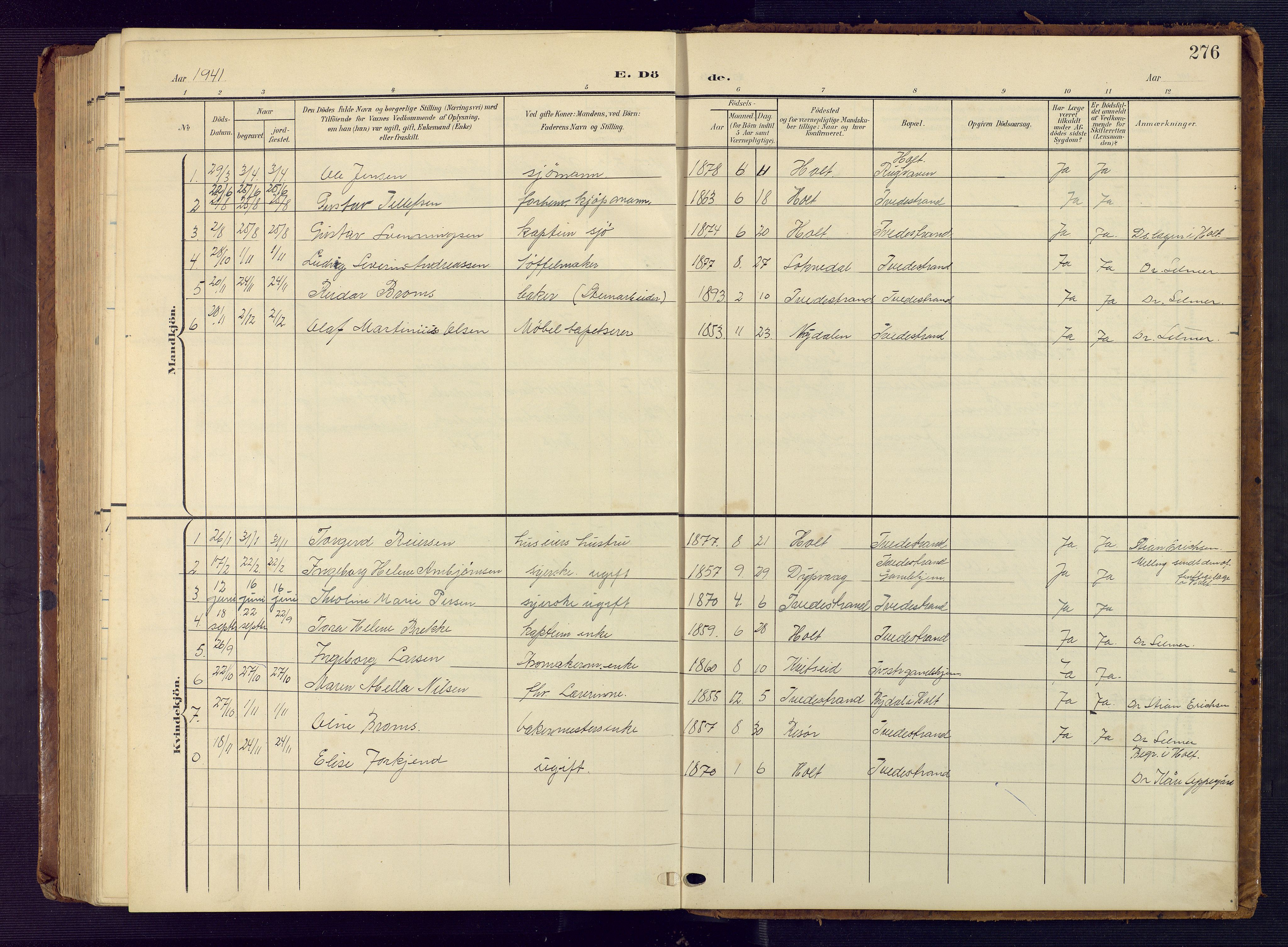 Tvedestrand sokneprestkontor, AV/SAK-1111-0042/F/Fb/L0001: Klokkerbok nr. B 1, 1902-1956, s. 276