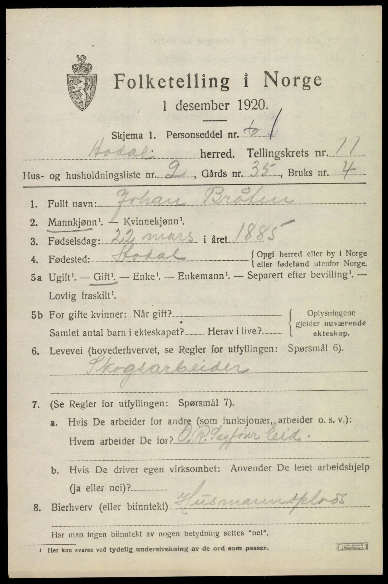 SAKO, Folketelling 1920 for 0614 Ådal herred, 1920, s. 6614