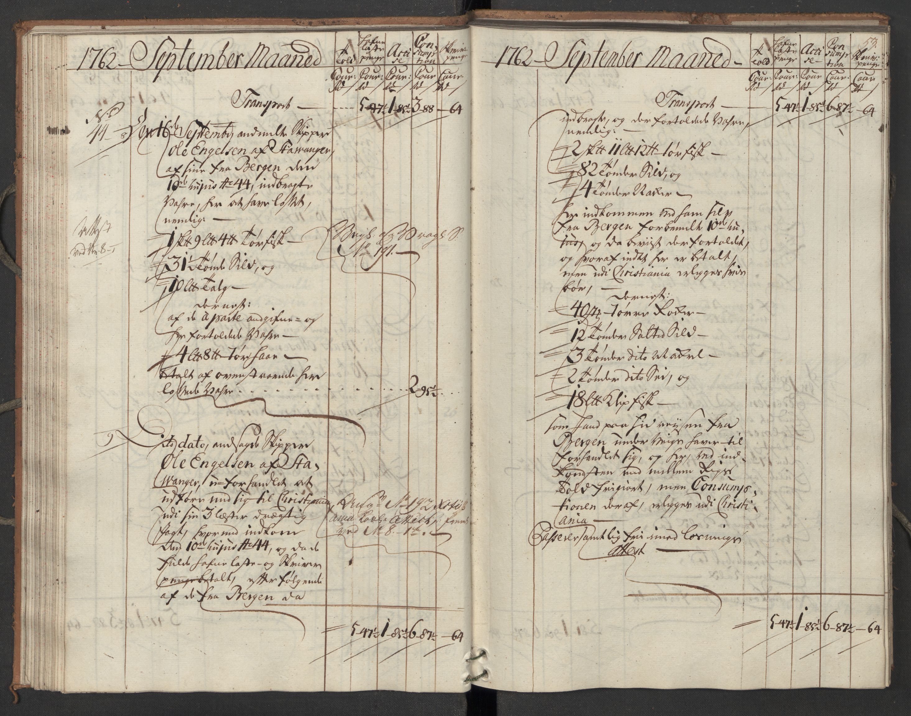 Generaltollkammeret, tollregnskaper, AV/RA-EA-5490/R07/L0022/0001: Tollregnskaper Sand / Inngående hovedtollbok, 1762, s. 52b-53a