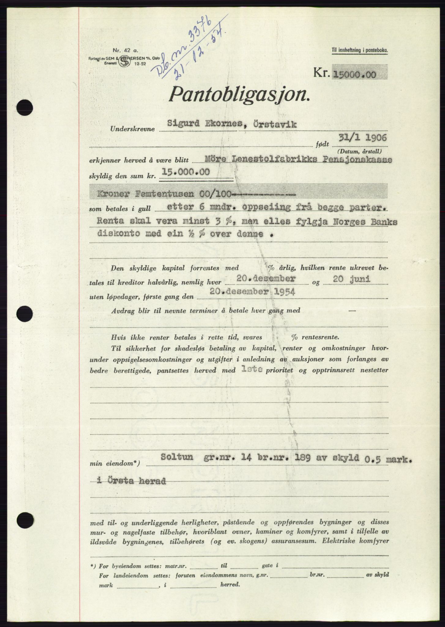 Søre Sunnmøre sorenskriveri, AV/SAT-A-4122/1/2/2C/L0126: Pantebok nr. 14B, 1954-1955, Dagboknr: 3376/1954