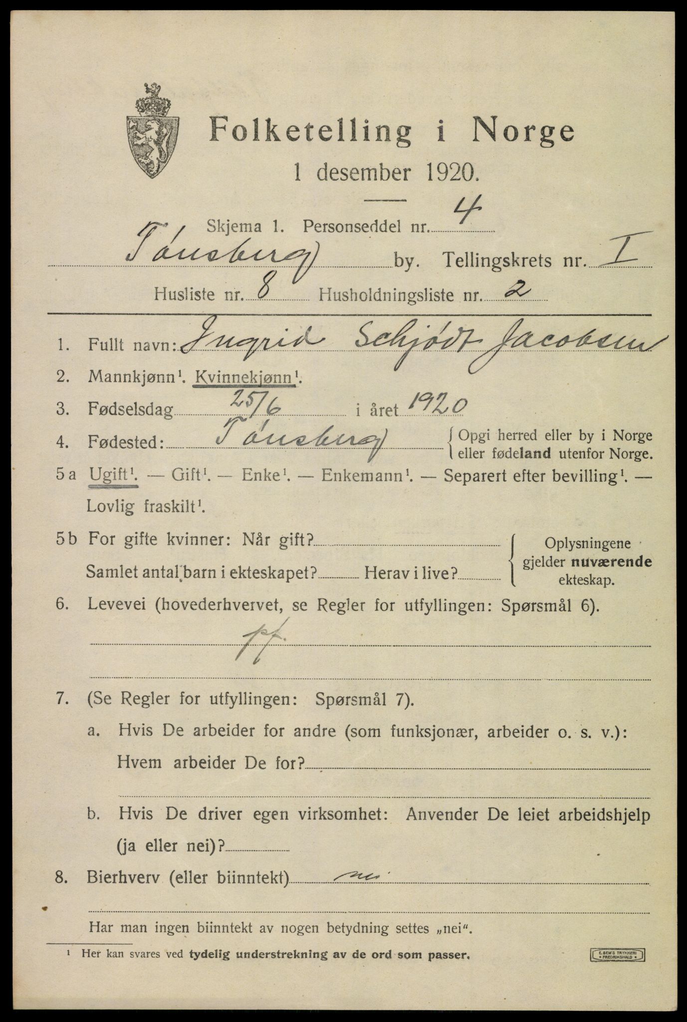 SAKO, Folketelling 1920 for 0705 Tønsberg kjøpstad, 1920, s. 8951