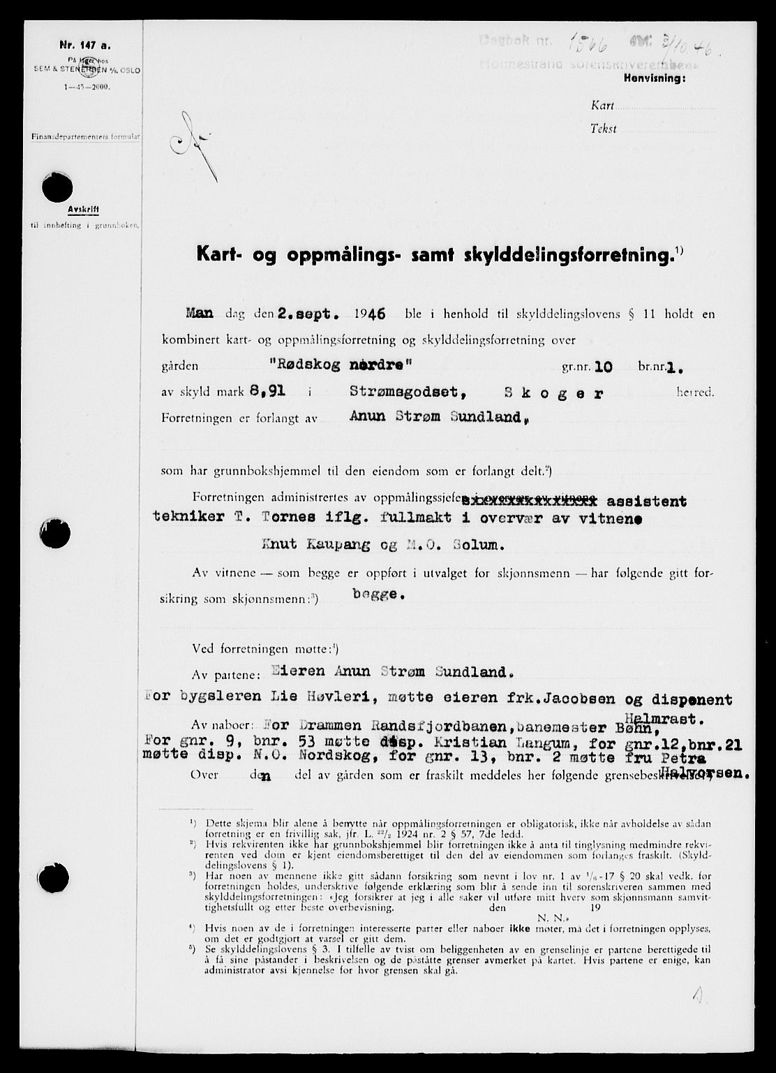 Holmestrand sorenskriveri, SAKO/A-67/G/Ga/Gaa/L0061: Pantebok nr. A-61, 1946-1947, Dagboknr: 1566/1946