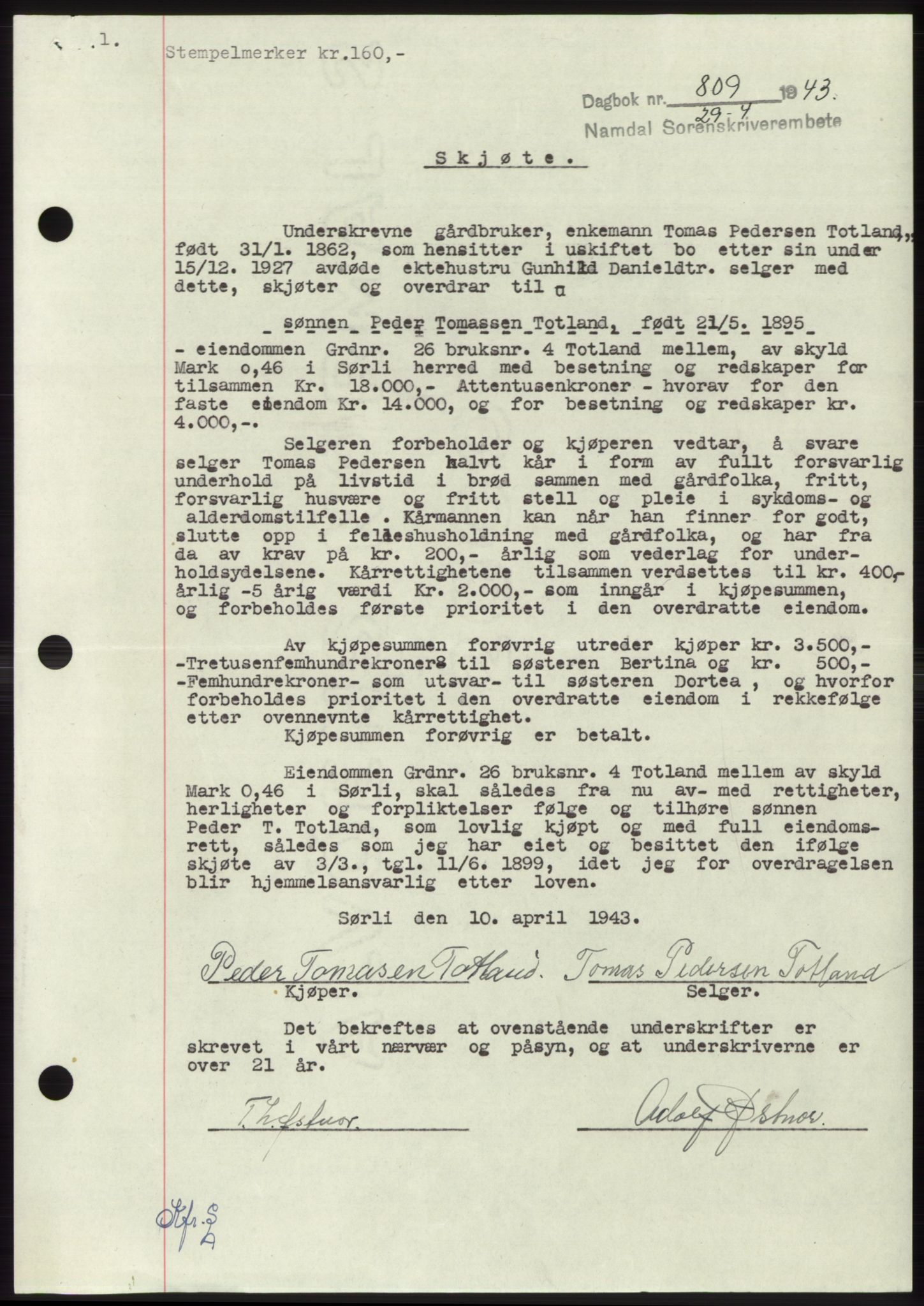 Namdal sorenskriveri, SAT/A-4133/1/2/2C: Pantebok nr. -, 1942-1943, Dagboknr: 809/1943