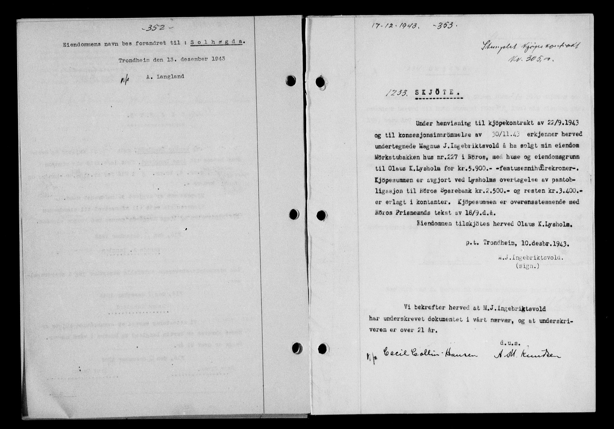 Gauldal sorenskriveri, SAT/A-0014/1/2/2C/L0057: Pantebok nr. 62, 1943-1944, Dagboknr: 1233/1943