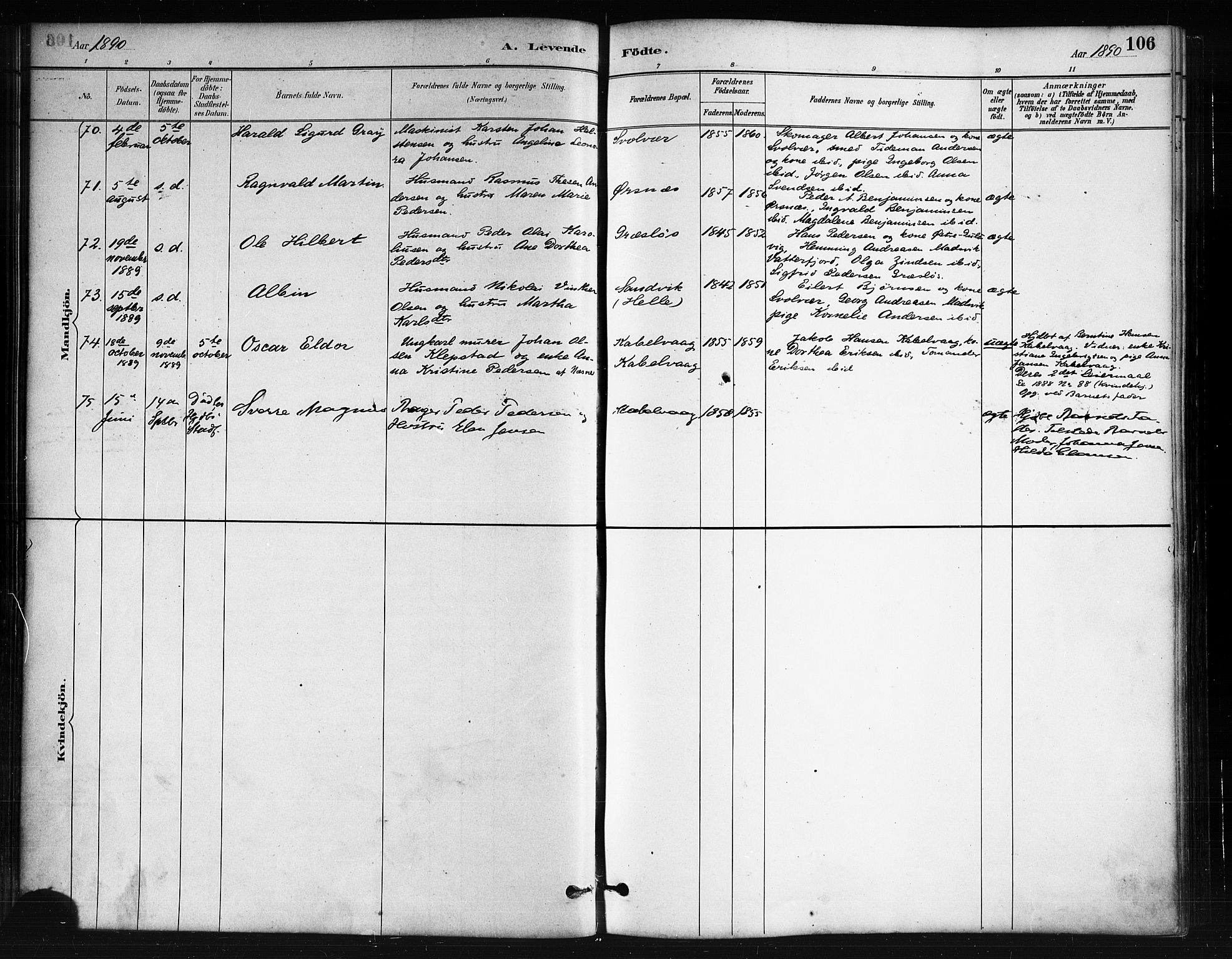 Ministerialprotokoller, klokkerbøker og fødselsregistre - Nordland, AV/SAT-A-1459/874/L1059: Ministerialbok nr. 874A03, 1884-1890, s. 106