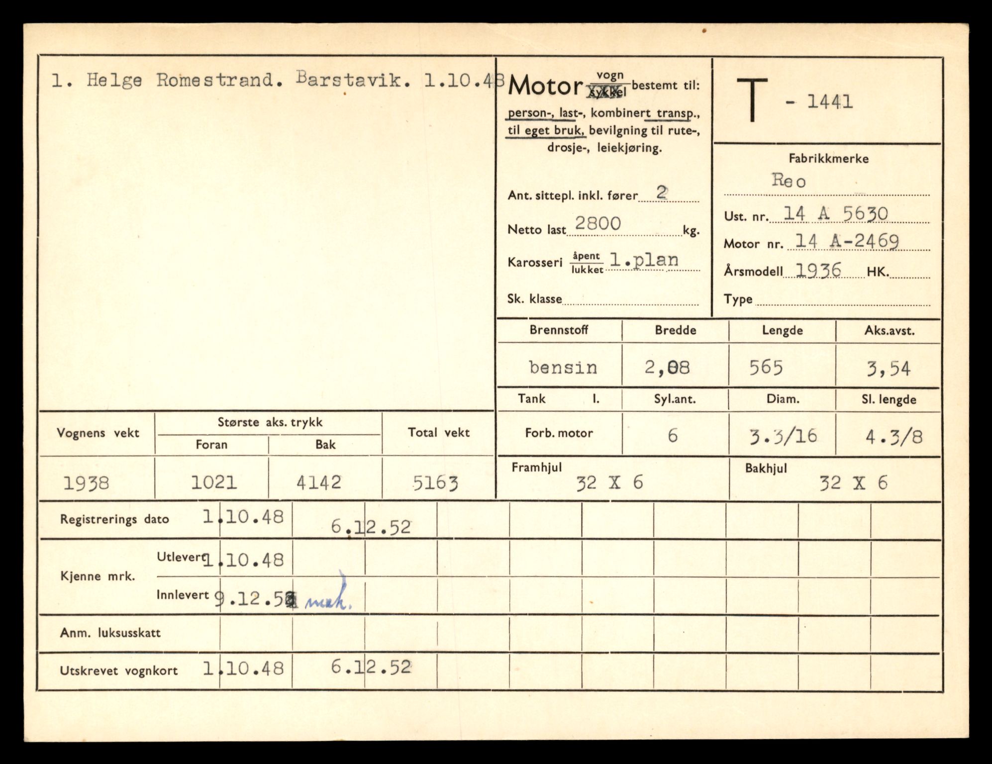 Møre og Romsdal vegkontor - Ålesund trafikkstasjon, AV/SAT-A-4099/F/Fe/L0012: Registreringskort for kjøretøy T 1290 - T 1450, 1927-1998, s. 3230