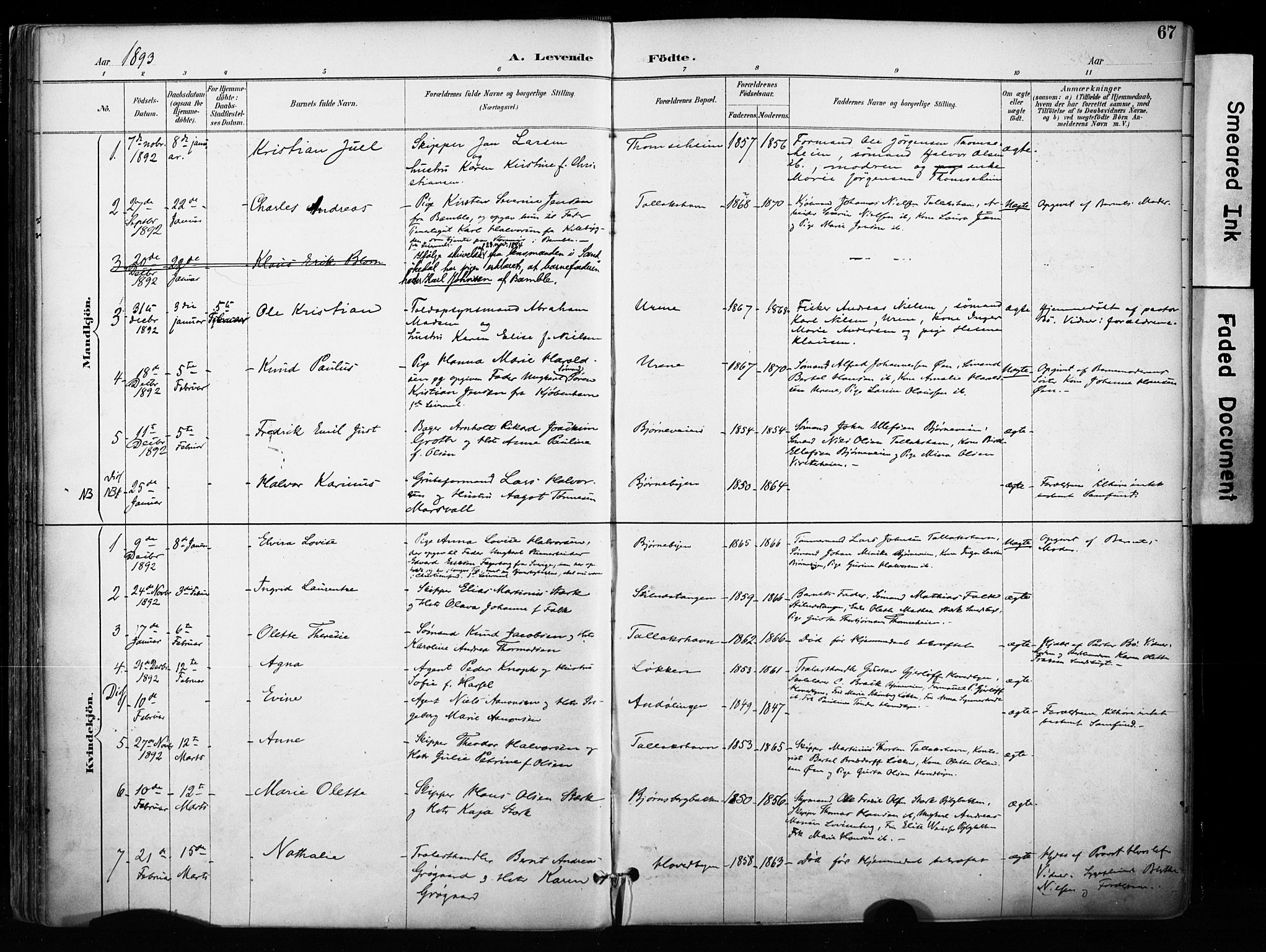 Kragerø kirkebøker, AV/SAKO-A-278/F/Fa/L0013: Ministerialbok nr. 13, 1887-1915, s. 67