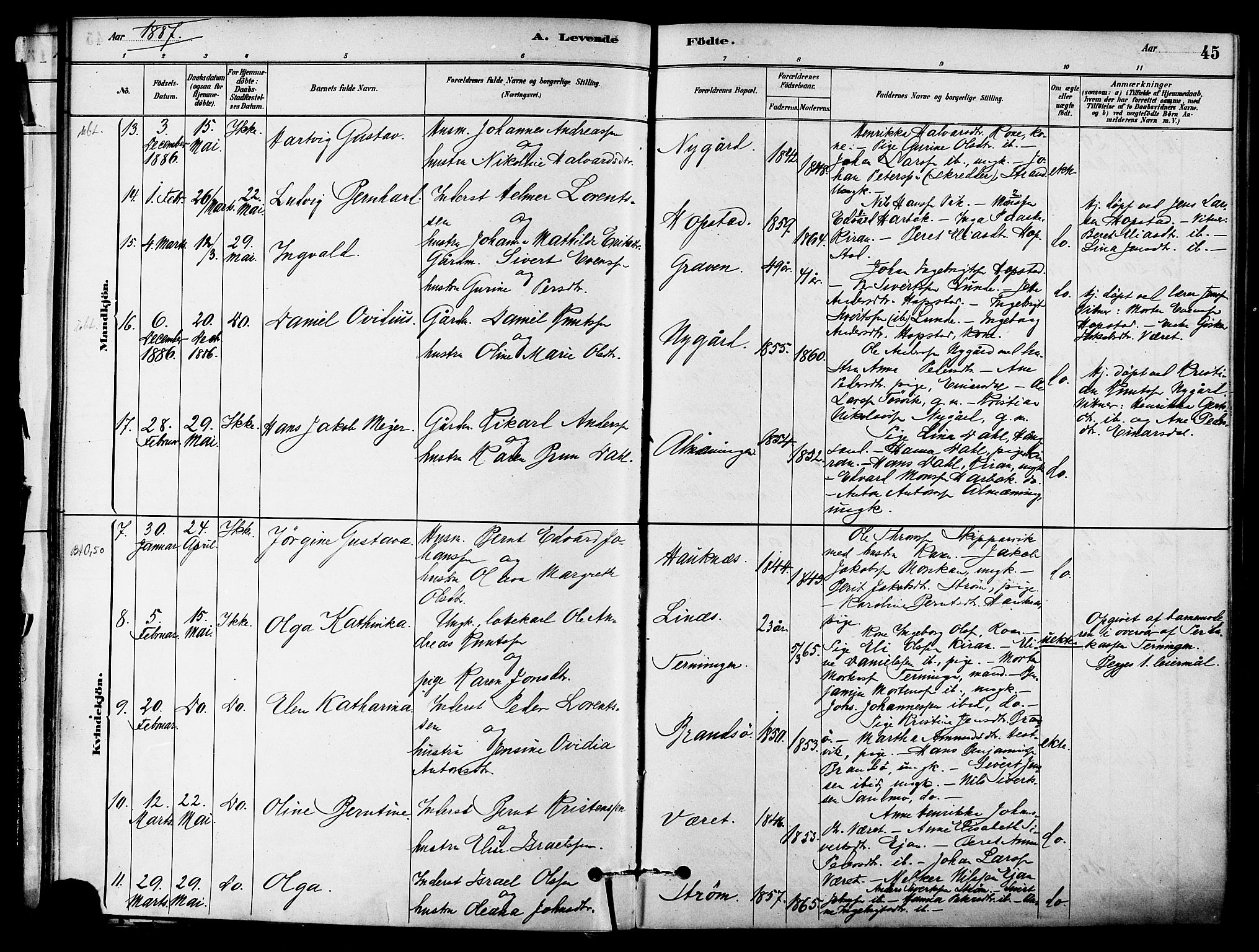 Ministerialprotokoller, klokkerbøker og fødselsregistre - Sør-Trøndelag, AV/SAT-A-1456/657/L0707: Ministerialbok nr. 657A08, 1879-1893, s. 45