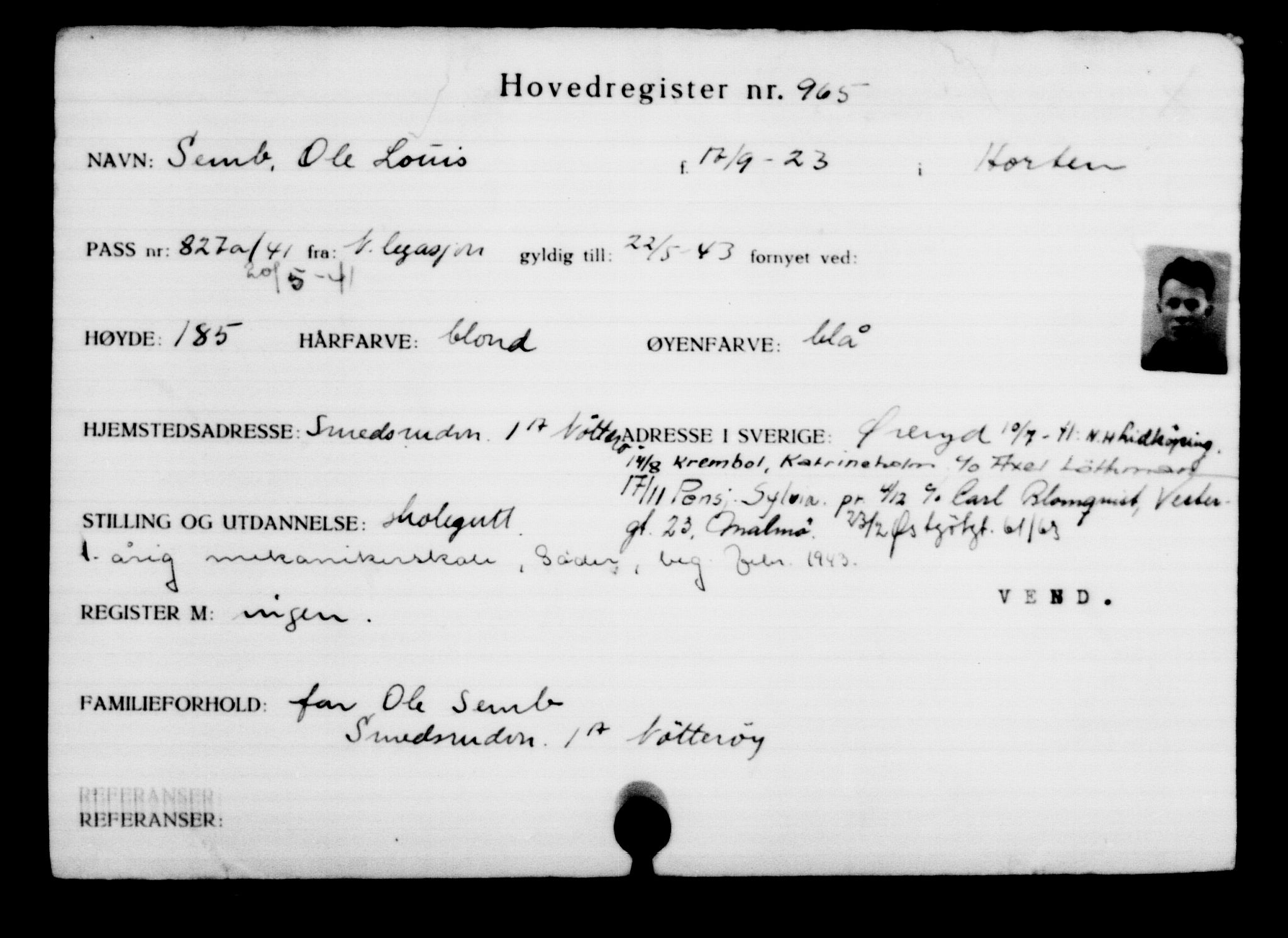 Utenriksstasjonene, Legasjonen i Stockholm, Flyktningkontoret, AV/RA-S-6753/V/Va/L0001: Kjesäterkartoteket, flyktninger med registreringsnr. 1-1000, 1940-1945, s. 1498