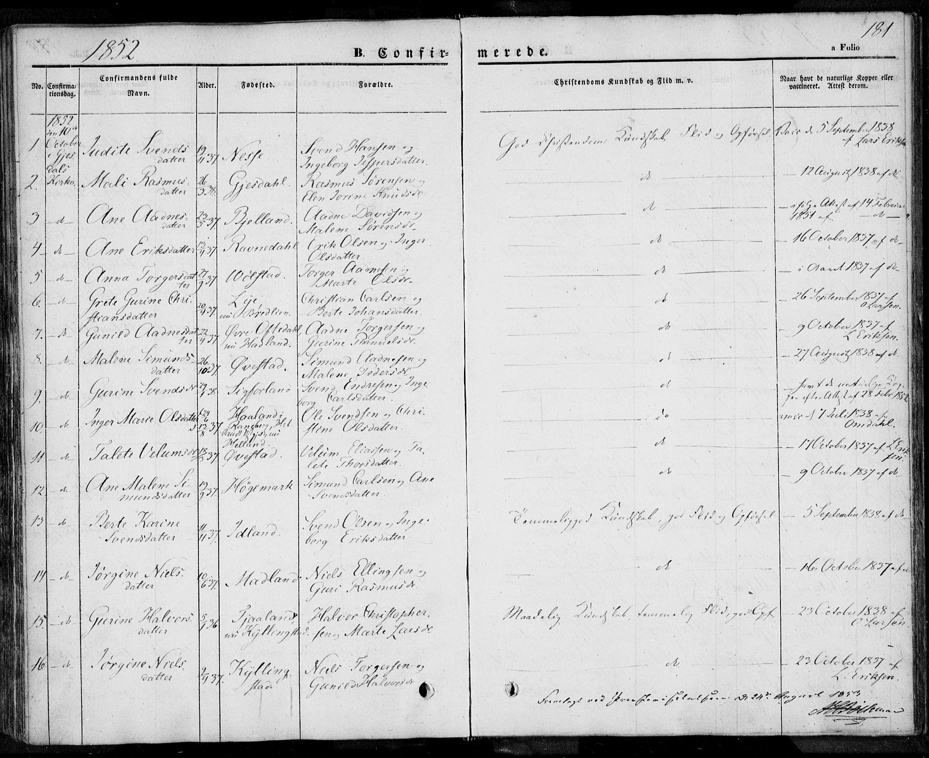 Lye sokneprestkontor, AV/SAST-A-101794/001/30BA/L0005: Ministerialbok nr. A 5.1, 1842-1855, s. 181