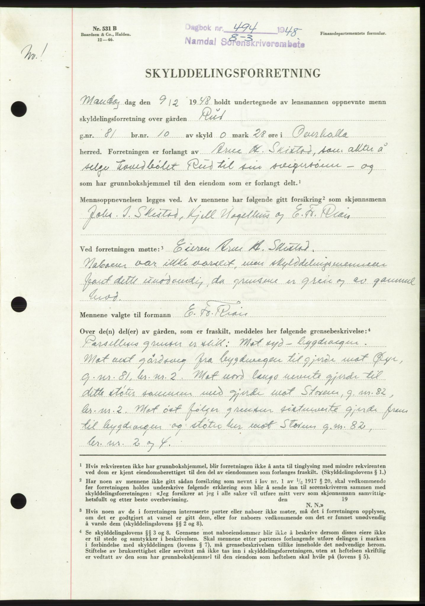 Namdal sorenskriveri, SAT/A-4133/1/2/2C: Pantebok nr. -, 1947-1948, Dagboknr: 494/1948