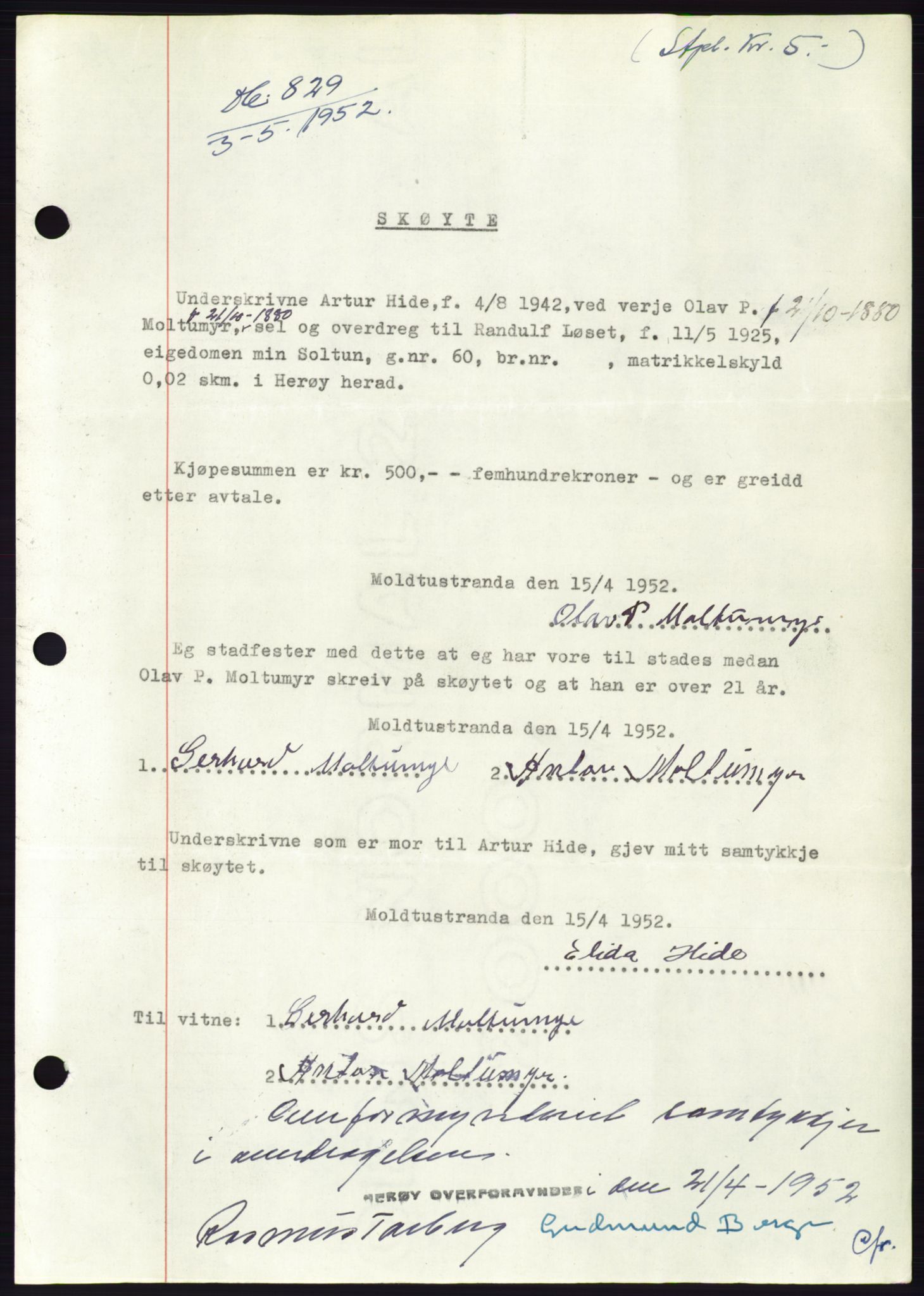 Søre Sunnmøre sorenskriveri, AV/SAT-A-4122/1/2/2C/L0092: Pantebok nr. 18A, 1952-1952, Dagboknr: 829/1952