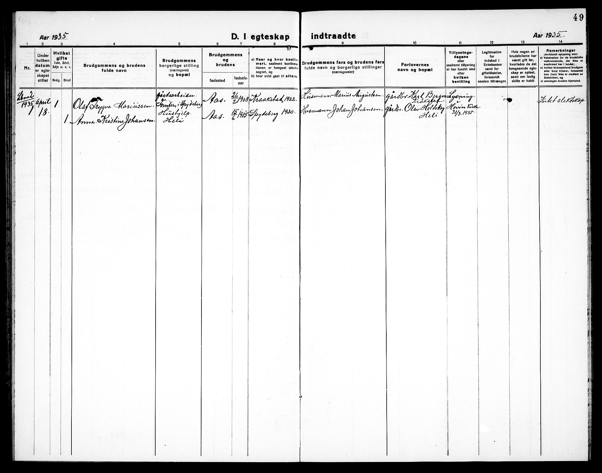 Spydeberg prestekontor Kirkebøker, AV/SAO-A-10924/G/Gc/L0002: Klokkerbok nr. III 2, 1918-1939, s. 49