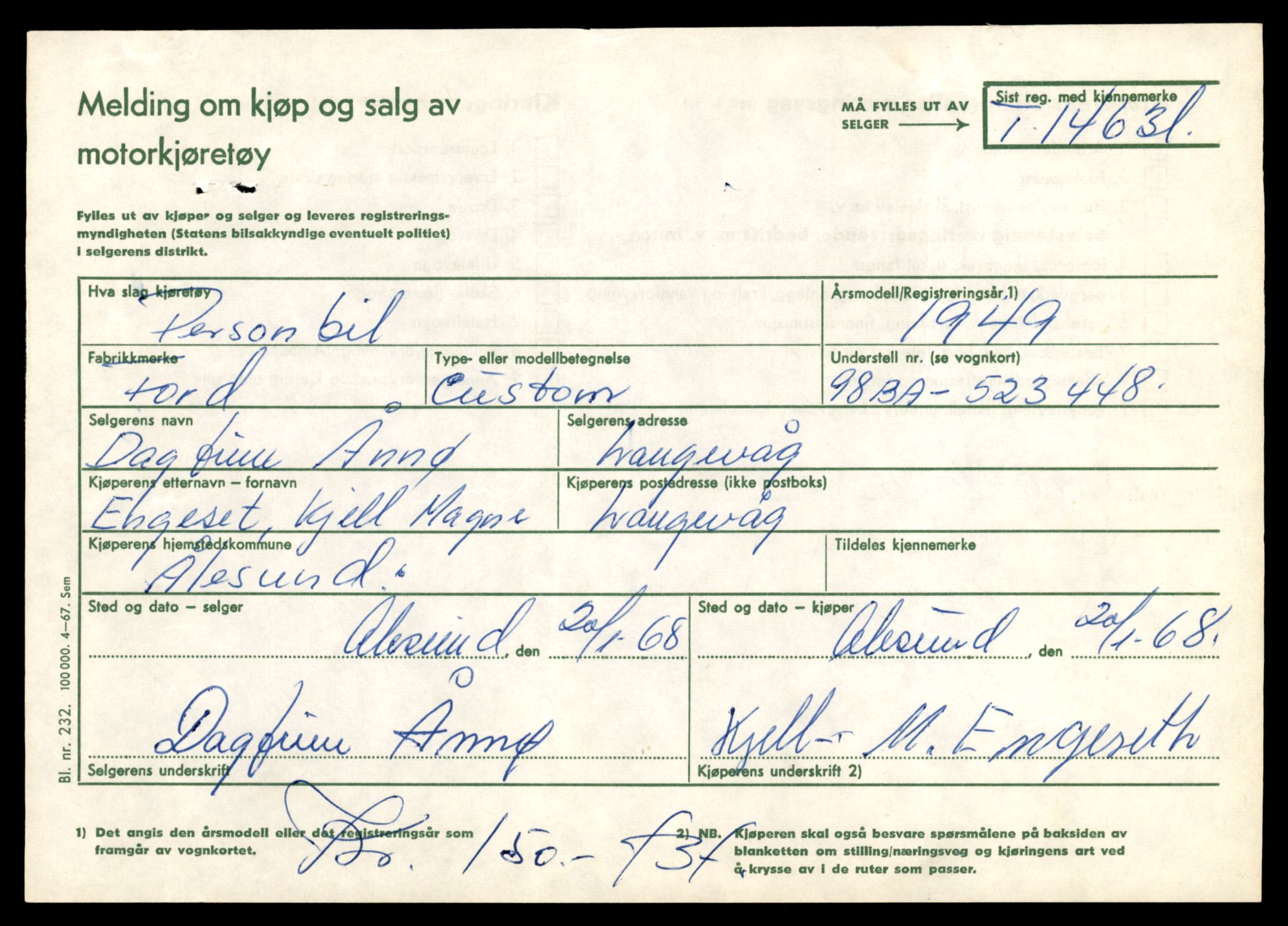 Møre og Romsdal vegkontor - Ålesund trafikkstasjon, AV/SAT-A-4099/F/Fe/L0047: Registreringskort for kjøretøy T 14580 - T 14720, 1927-1998, s. 1287