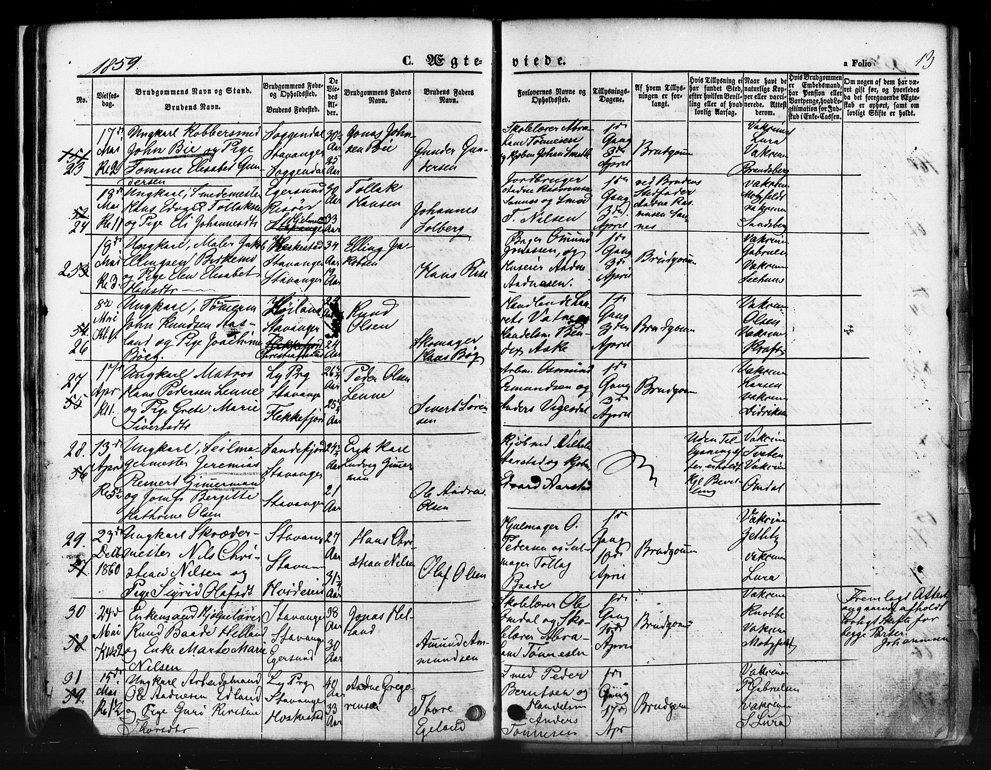 Domkirken sokneprestkontor, AV/SAST-A-101812/001/30/30BB/L0011: Klokkerbok nr. B 11, 1858-1876, s. 13