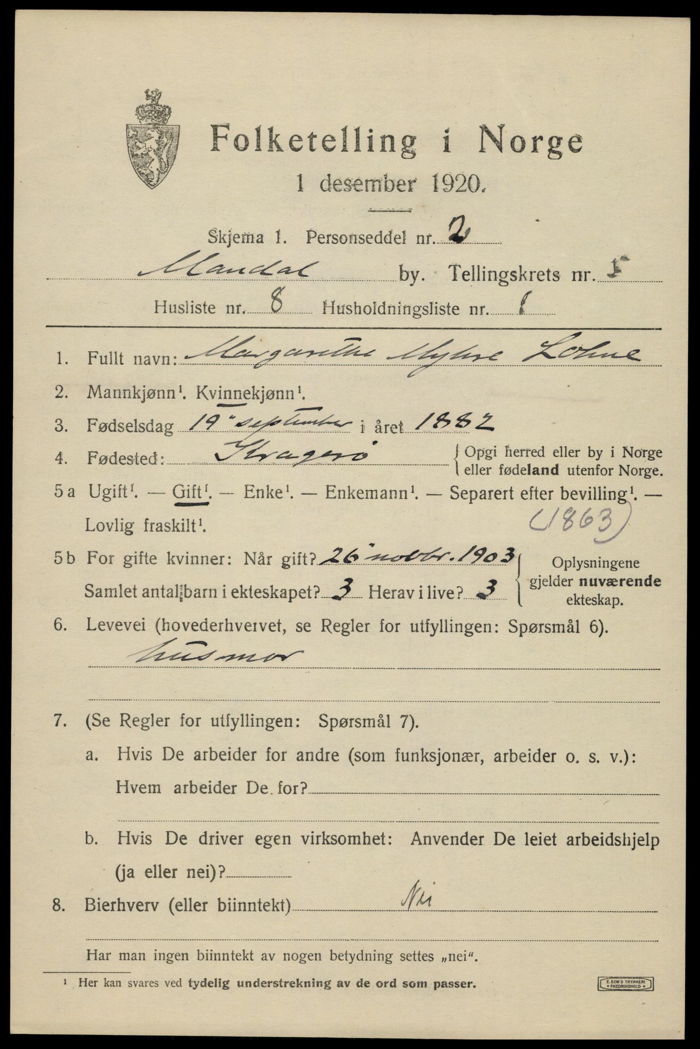 SAK, Folketelling 1920 for 1002 Mandal ladested, 1920, s. 8279
