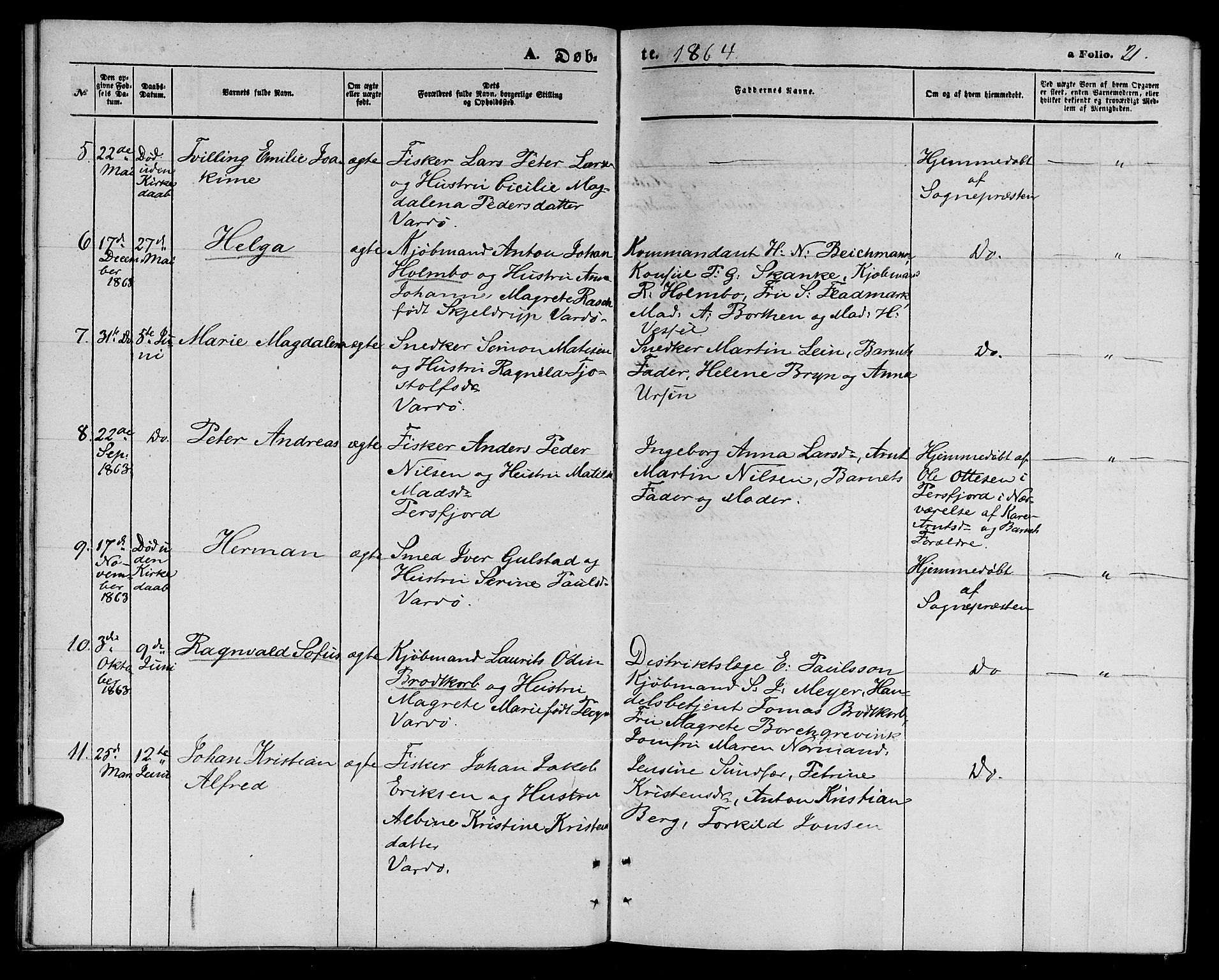 Vardø sokneprestkontor, AV/SATØ-S-1332/H/Hb/L0002klokker: Klokkerbok nr. 2, 1861-1870, s. 21