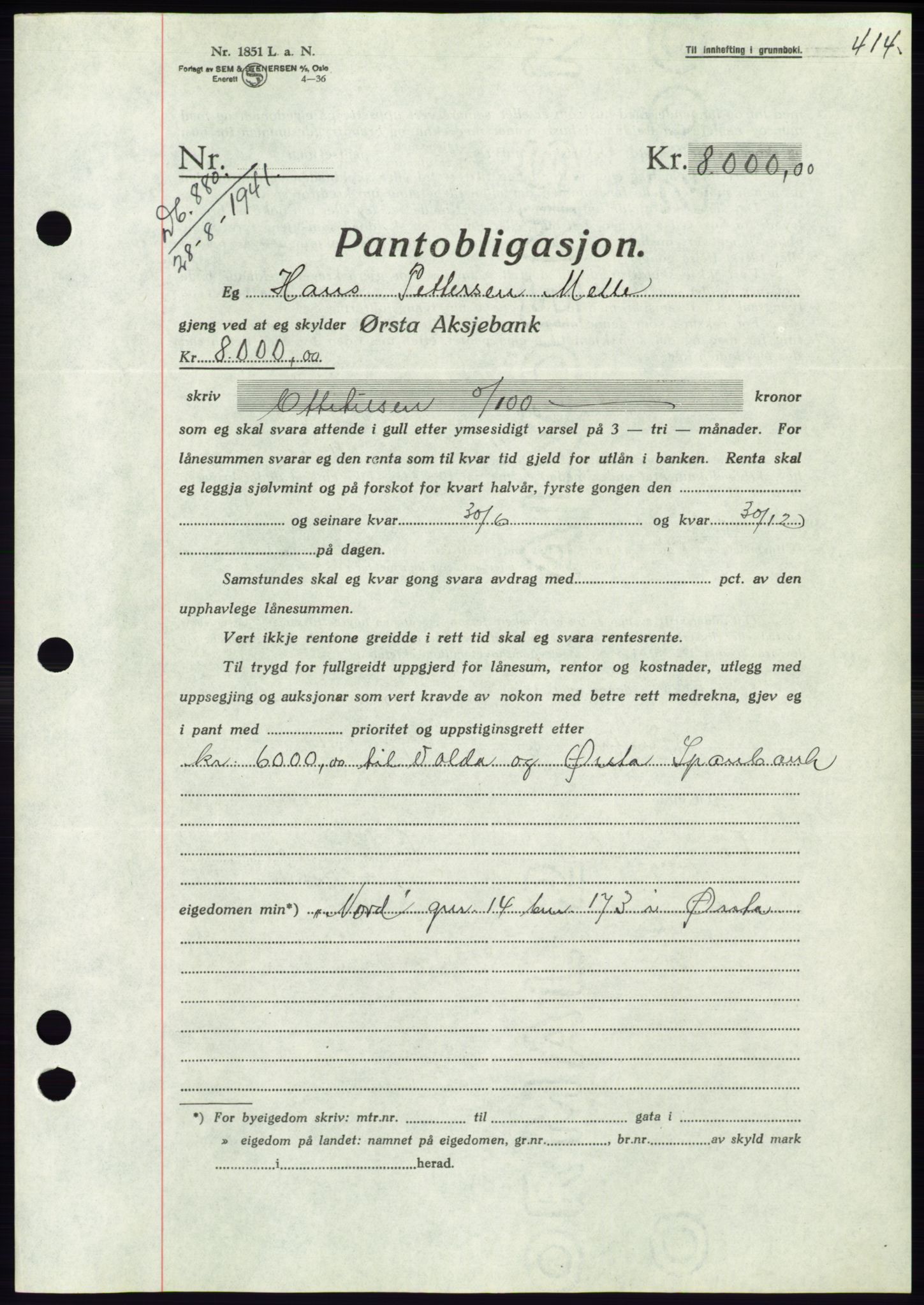 Søre Sunnmøre sorenskriveri, AV/SAT-A-4122/1/2/2C/L0071: Pantebok nr. 65, 1941-1941, Dagboknr: 880/1941