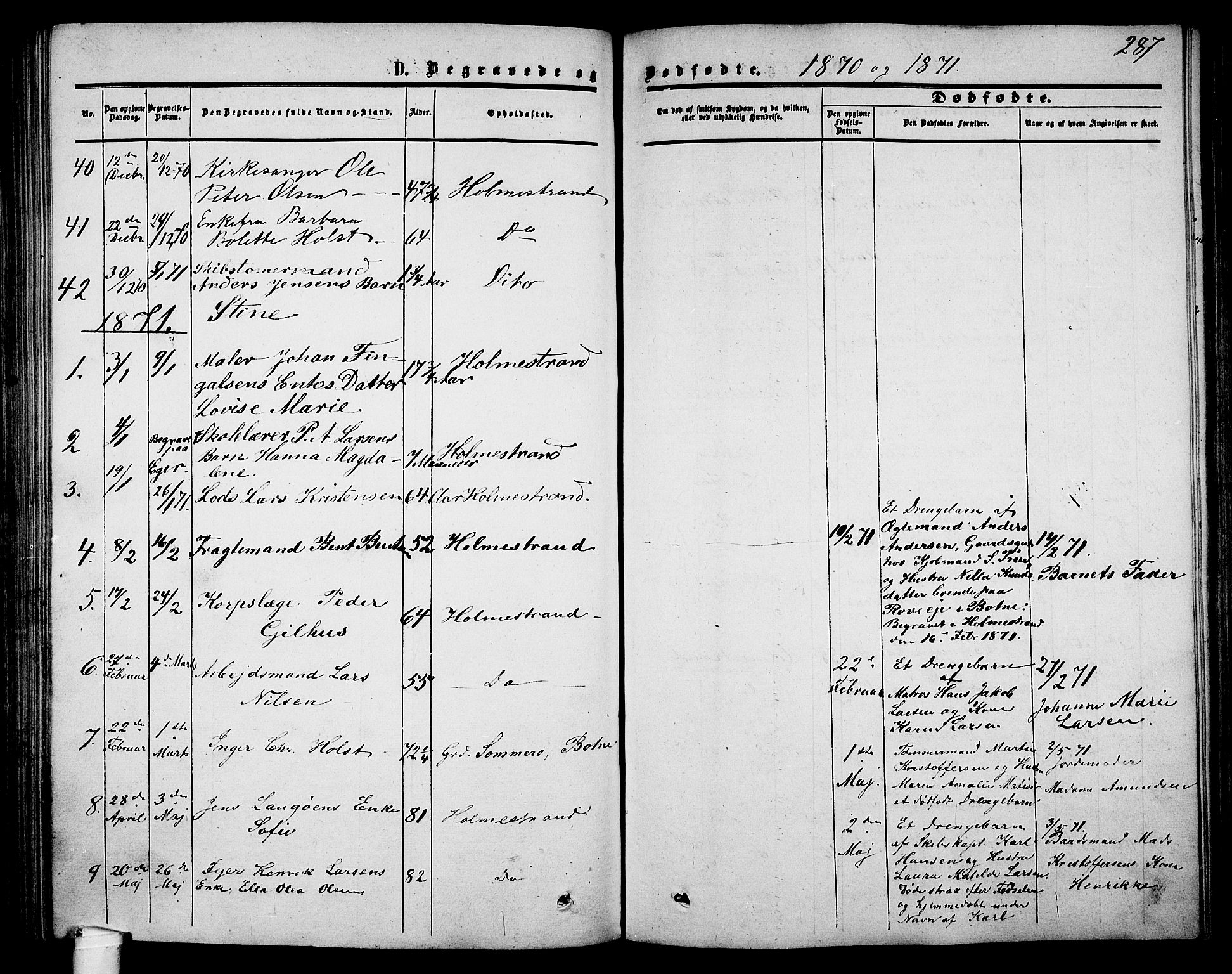 Holmestrand kirkebøker, AV/SAKO-A-346/G/Ga/L0003: Klokkerbok nr. 3, 1849-1874, s. 287