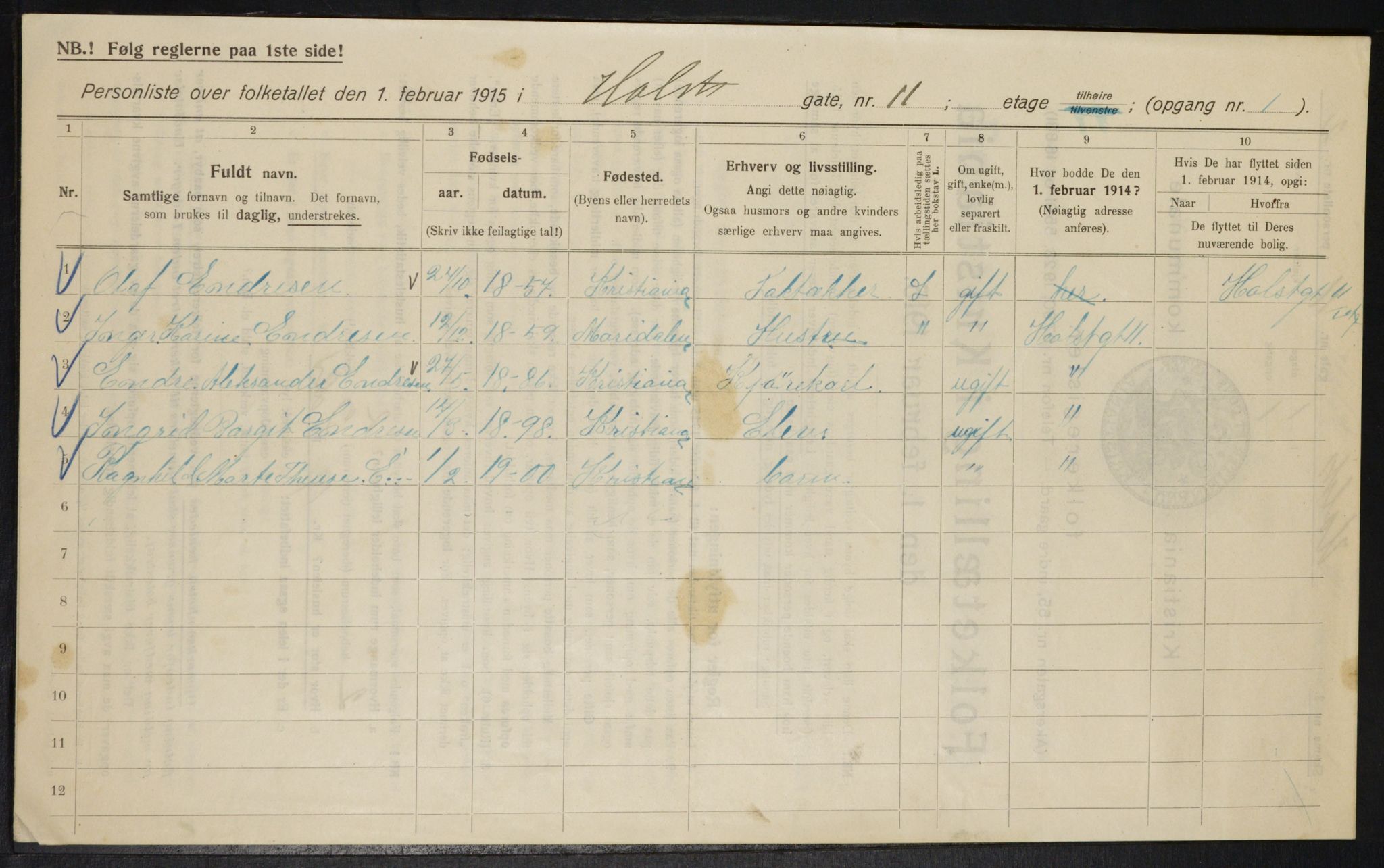 OBA, Kommunal folketelling 1.2.1915 for Kristiania, 1915, s. 40706