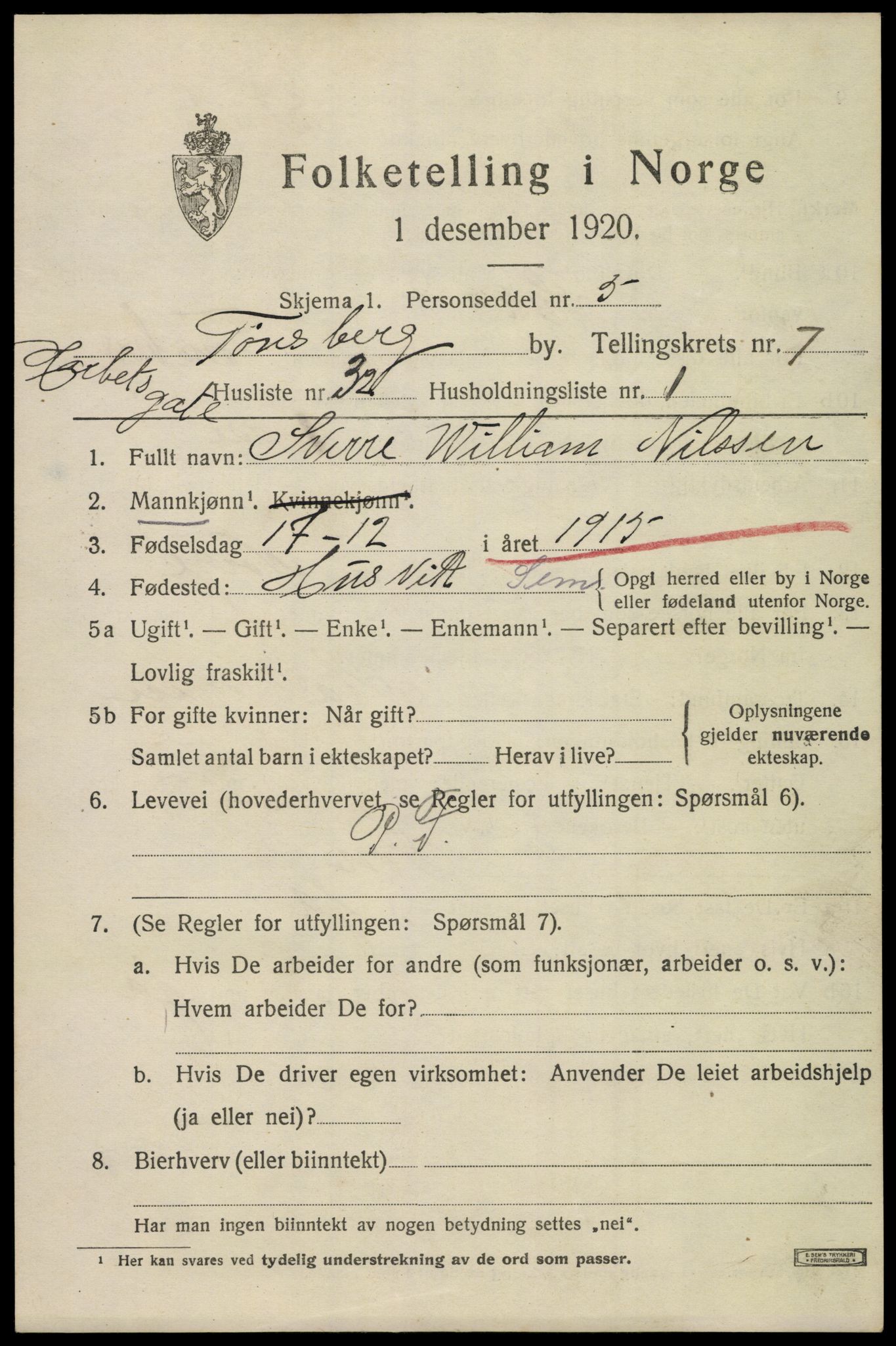 SAKO, Folketelling 1920 for 0705 Tønsberg kjøpstad, 1920, s. 16057