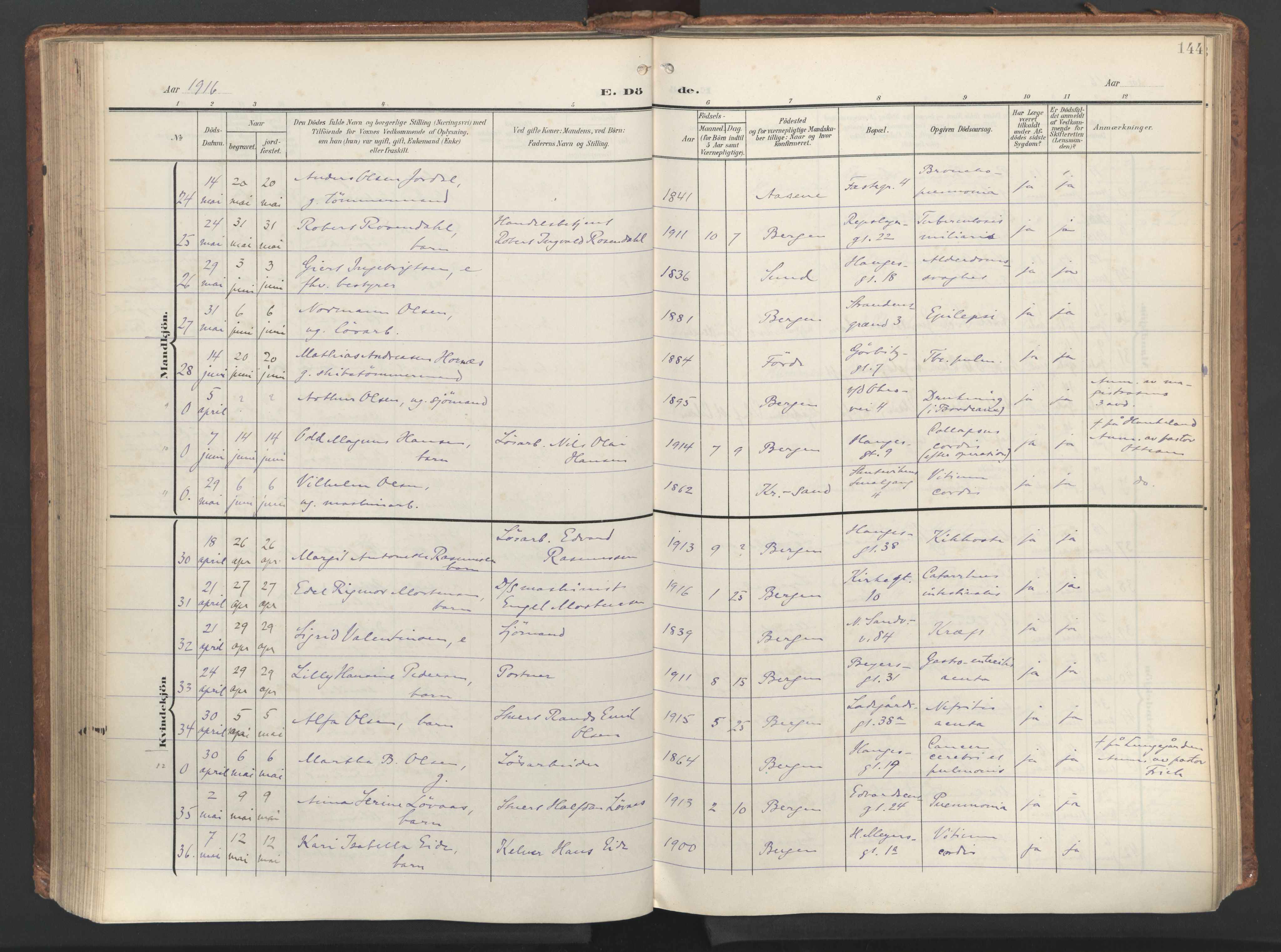 Sandviken Sokneprestembete, AV/SAB-A-77601/H/Ha/L0019: Ministerialbok nr. E 2, 1905-1933, s. 144