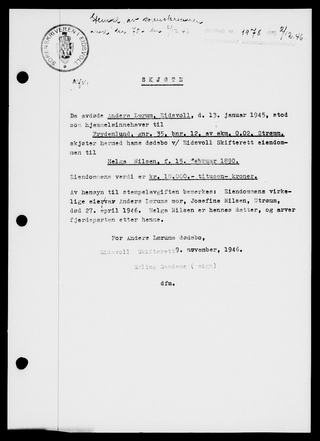 Holmestrand sorenskriveri, SAKO/A-67/G/Ga/Gaa/L0061: Pantebok nr. A-61, 1946-1947, Dagboknr: 1978/1946