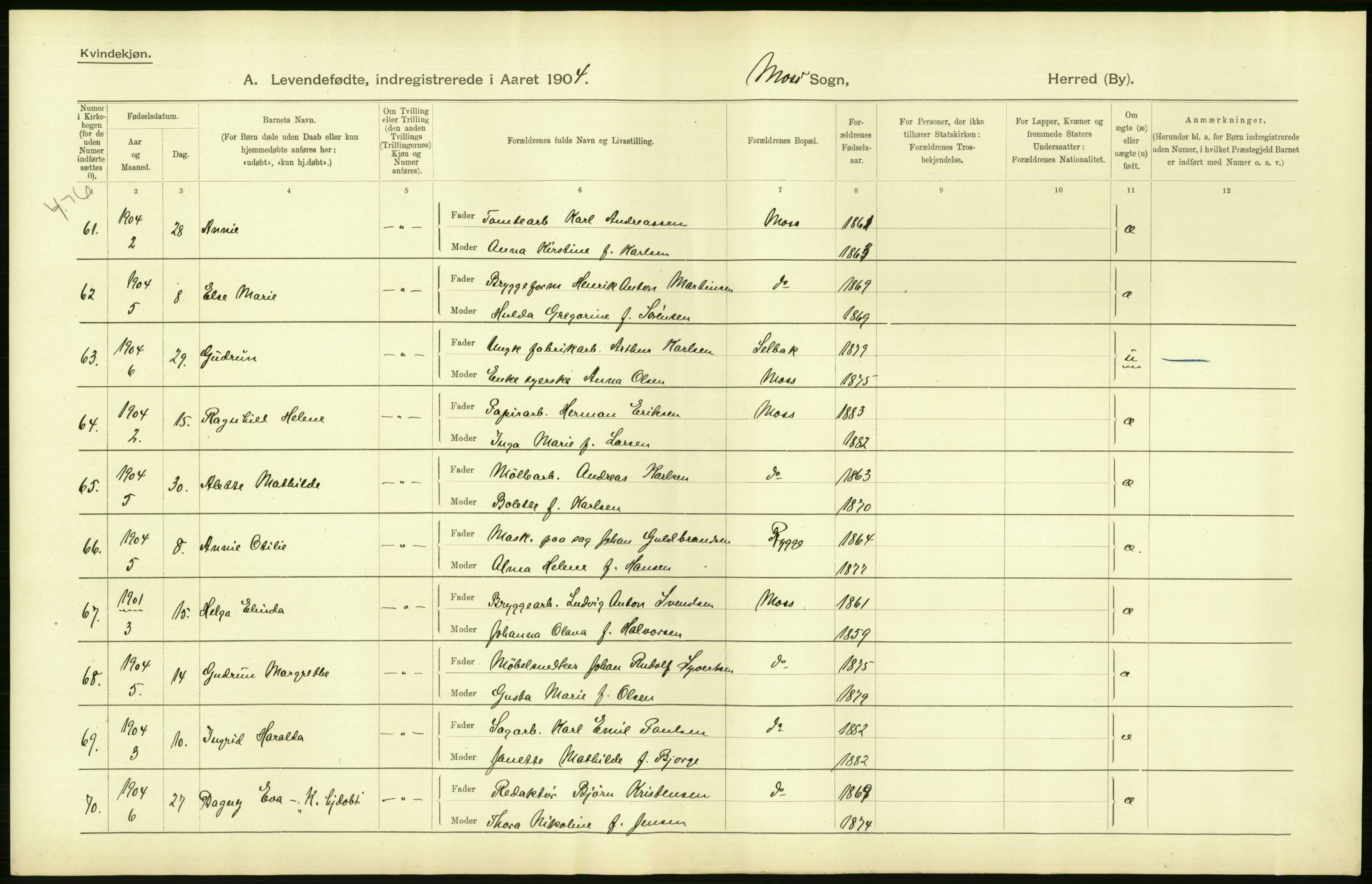 Statistisk sentralbyrå, Sosiodemografiske emner, Befolkning, RA/S-2228/D/Df/Dfa/Dfab/L0001: Smålenenes amt: Fødte, gifte, døde, 1904, s. 46