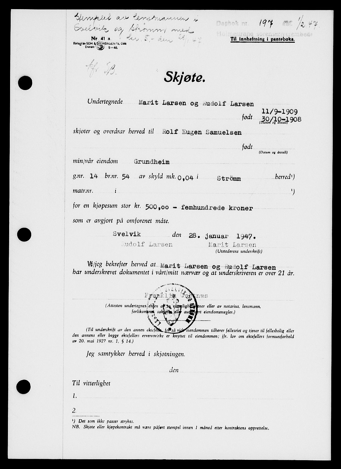 Holmestrand sorenskriveri, SAKO/A-67/G/Ga/Gaa/L0061: Pantebok nr. A-61, 1946-1947, Dagboknr: 197/1947