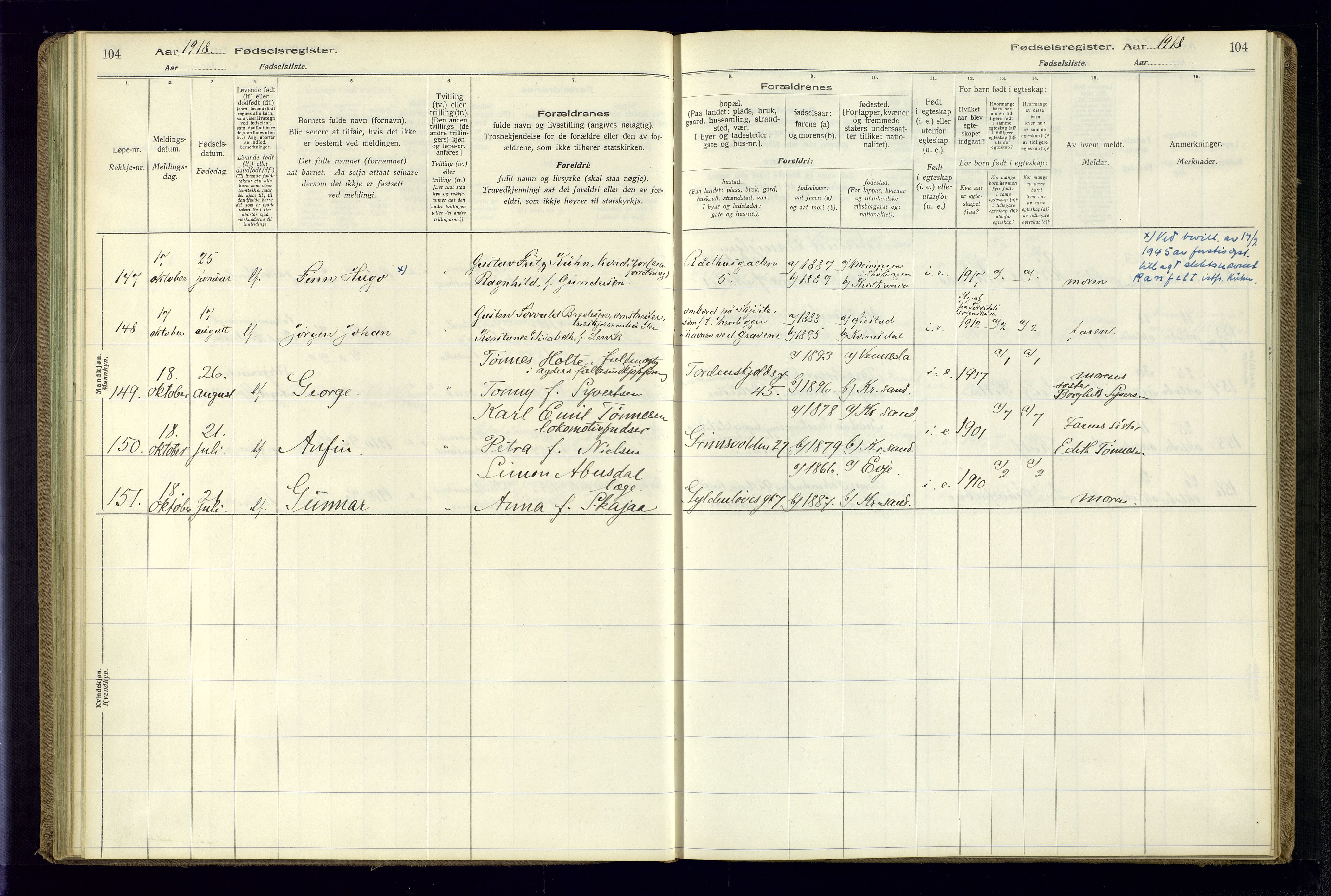 Kristiansand domprosti, AV/SAK-1112-0006/J/Jc/L0001: Fødselsregister nr. A-VI-45, 1916-1921, s. 104