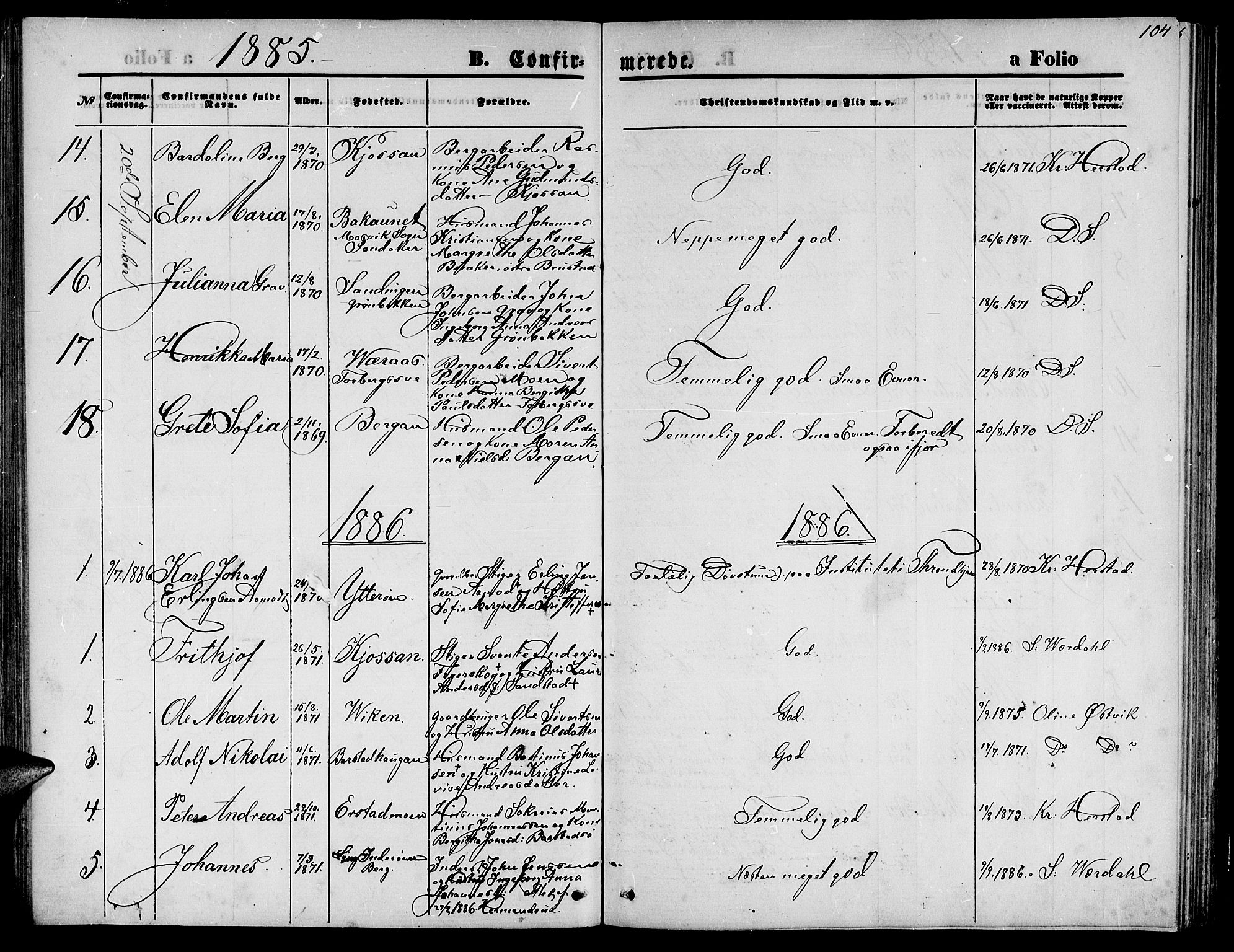 Ministerialprotokoller, klokkerbøker og fødselsregistre - Nord-Trøndelag, AV/SAT-A-1458/722/L0225: Klokkerbok nr. 722C01, 1871-1888, s. 104