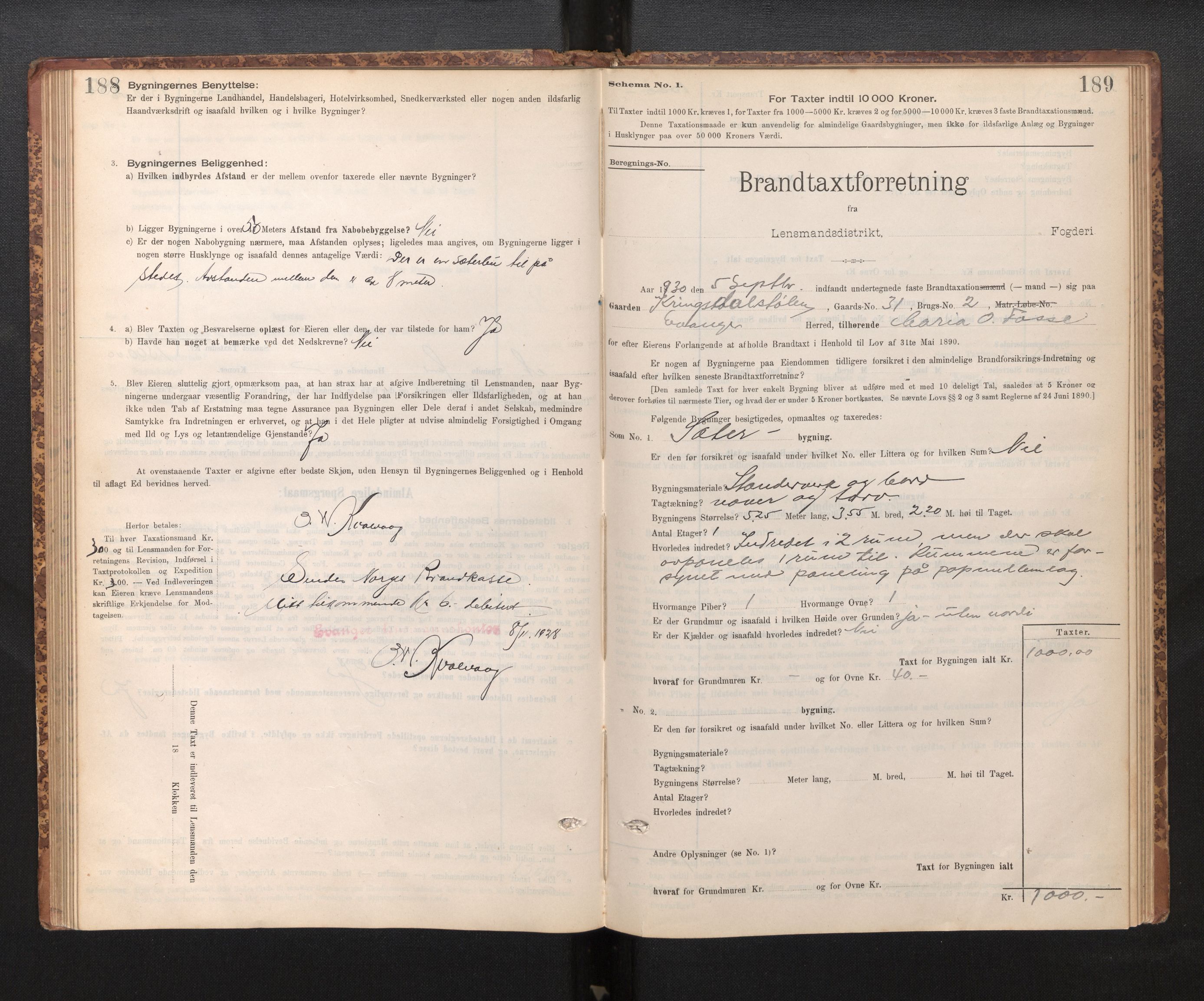 Lensmannen i Evanger, SAB/A-31701/0012/L0005: Branntakstprotokoll, skjematakst, 1895-1935, s. 188-189