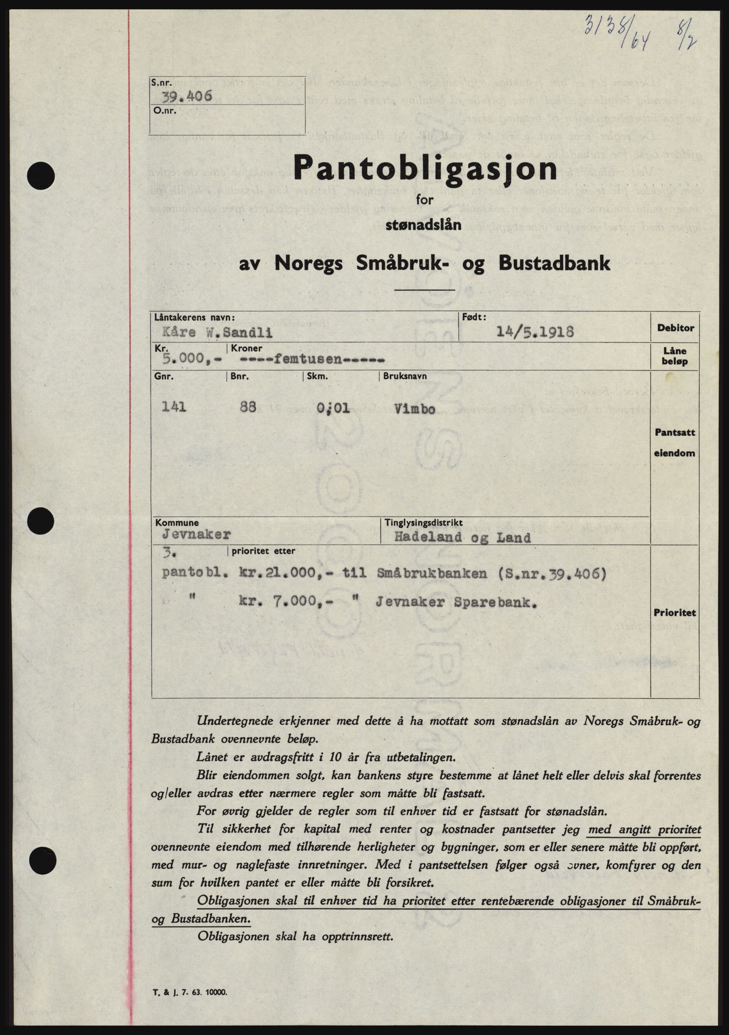 Hadeland og Land tingrett, SAH/TING-010/H/Hb/Hbc/L0055: Pantebok nr. B55, 1964-1964, Dagboknr: 3138/1964