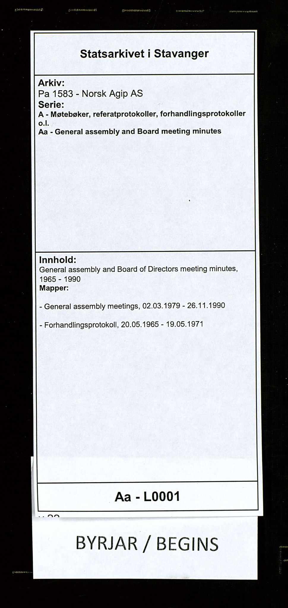 Pa 1583 - Norsk Agip AS, AV/SAST-A-102138/A/Aa/L0001: General assembly and Board of Directors meeting minutes, 1965-1990