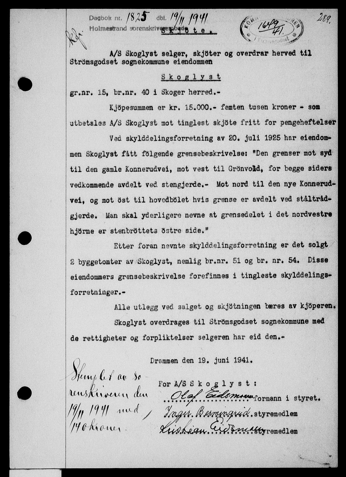 Holmestrand sorenskriveri, SAKO/A-67/G/Ga/Gaa/L0054: Pantebok nr. A-54, 1941-1942, Dagboknr: 1825/1941