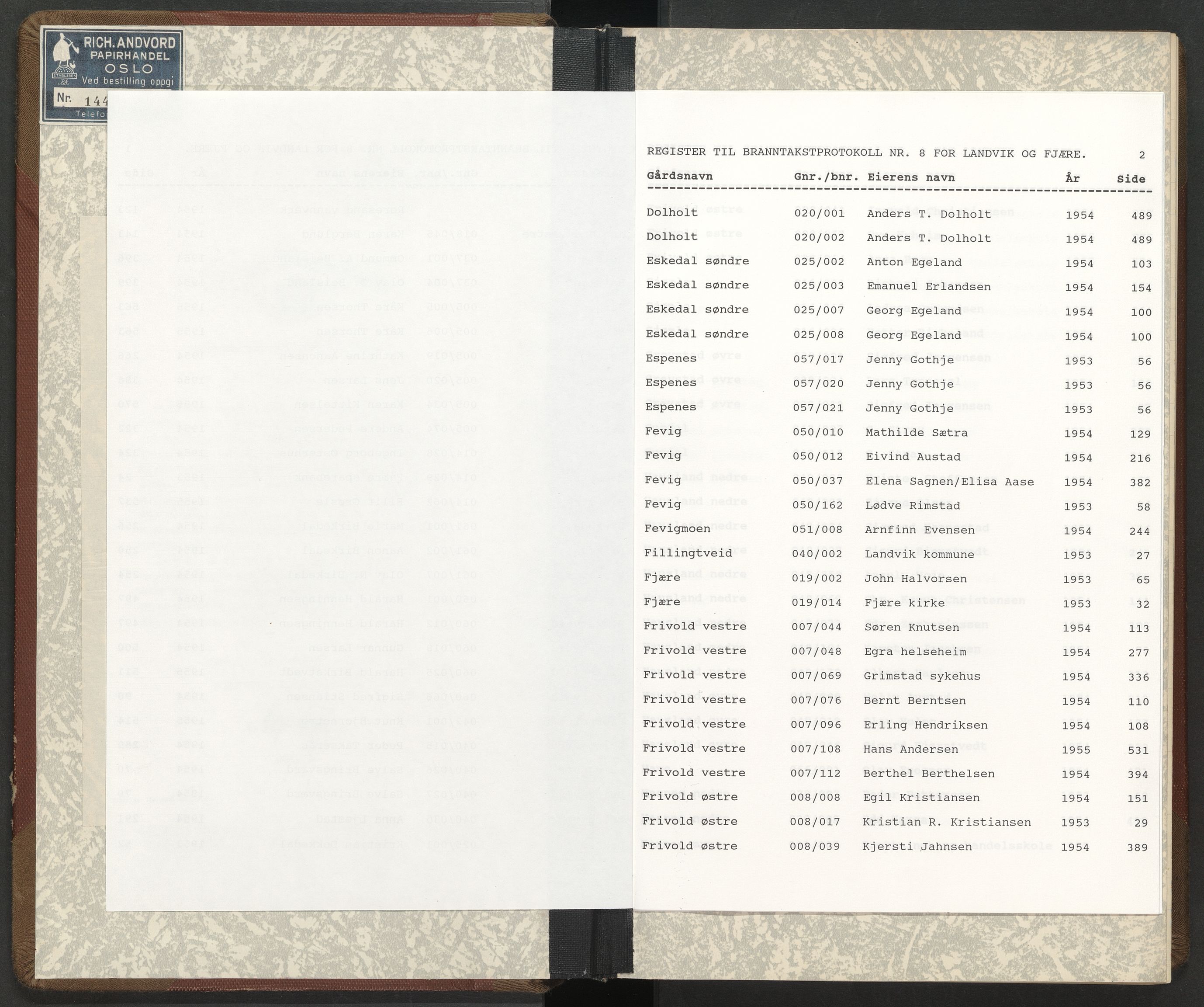 Norges Brannkasse Landvik og Fjære, AV/SAK-2241-0032/F/Fa/L0008: Branntakstprotokoll nr. 8 med gårdsnavnregister, 1953-1955