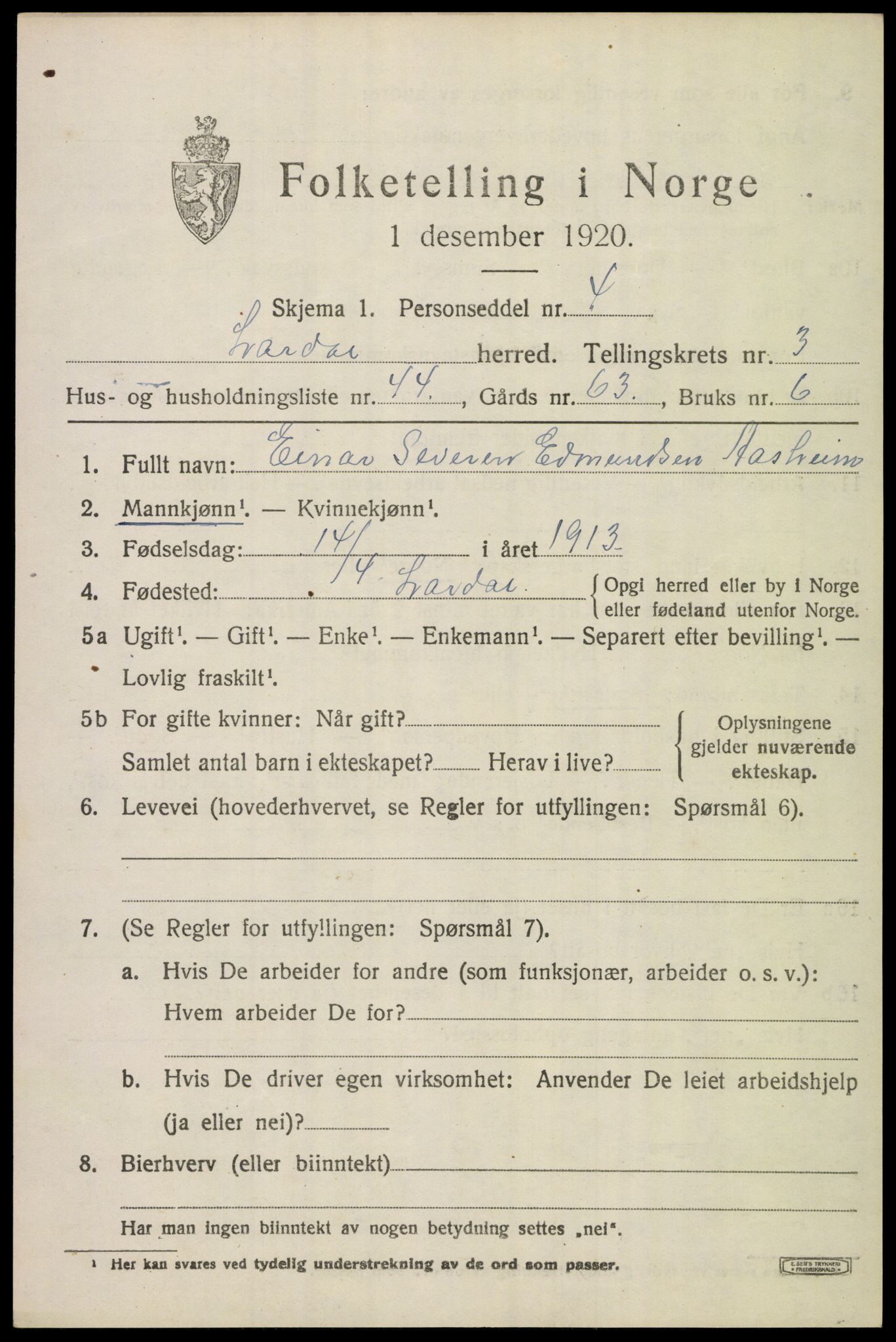 SAKO, Folketelling 1920 for 0728 Lardal herred, 1920, s. 2945