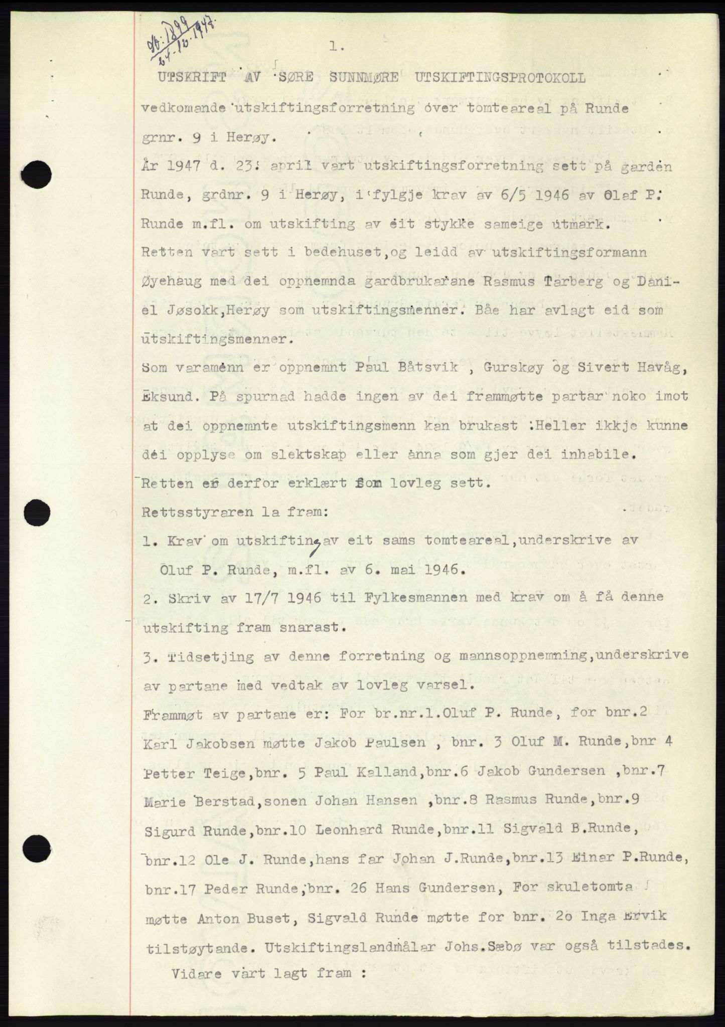 Søre Sunnmøre sorenskriveri, SAT/A-4122/1/2/2C/L0081: Pantebok nr. 7A, 1947-1948, Dagboknr: 1899/1947
