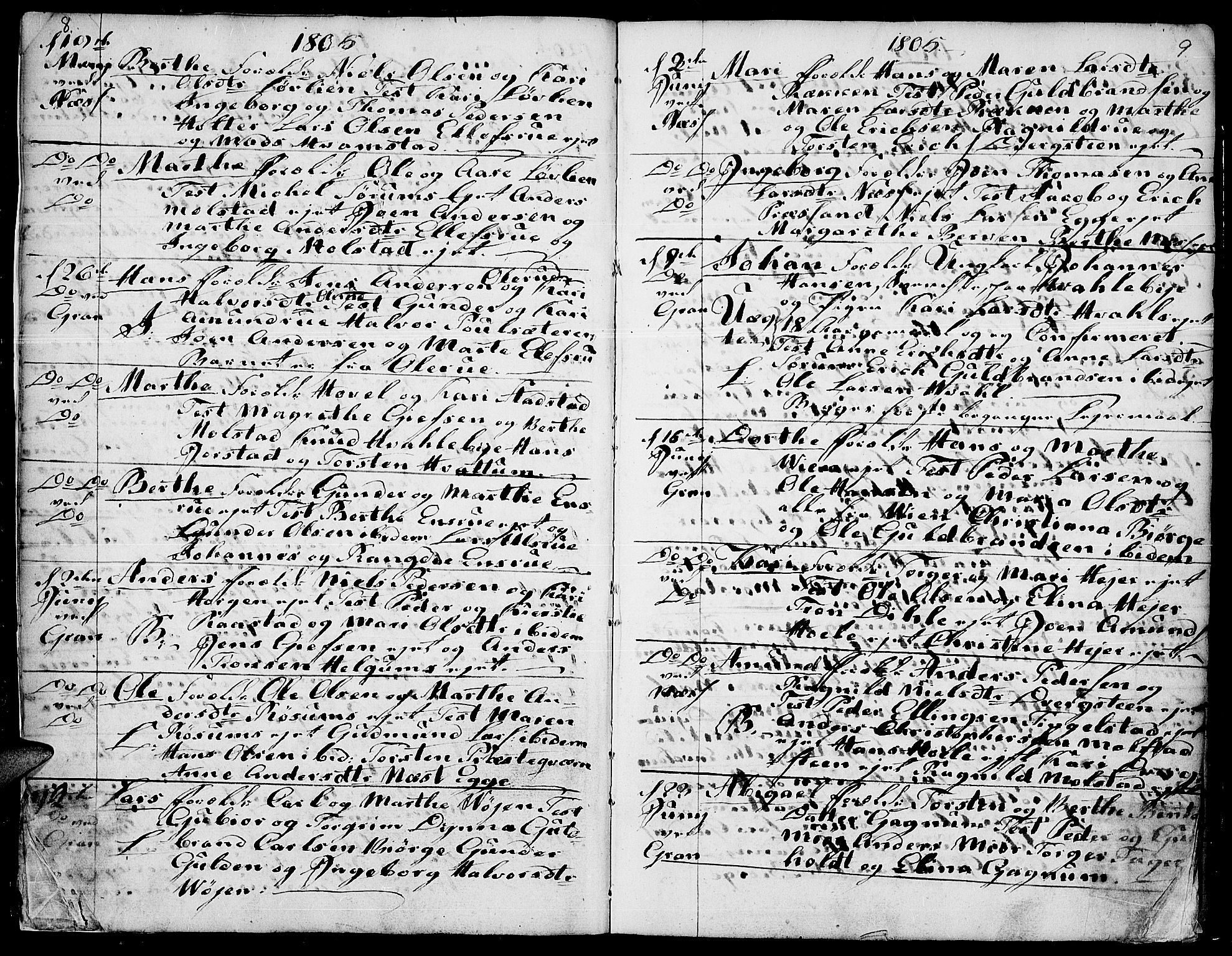Gran prestekontor, AV/SAH-PREST-112/H/Ha/Haa/L0007: Ministerialbok nr. 7, 1804-1815, s. 8-9