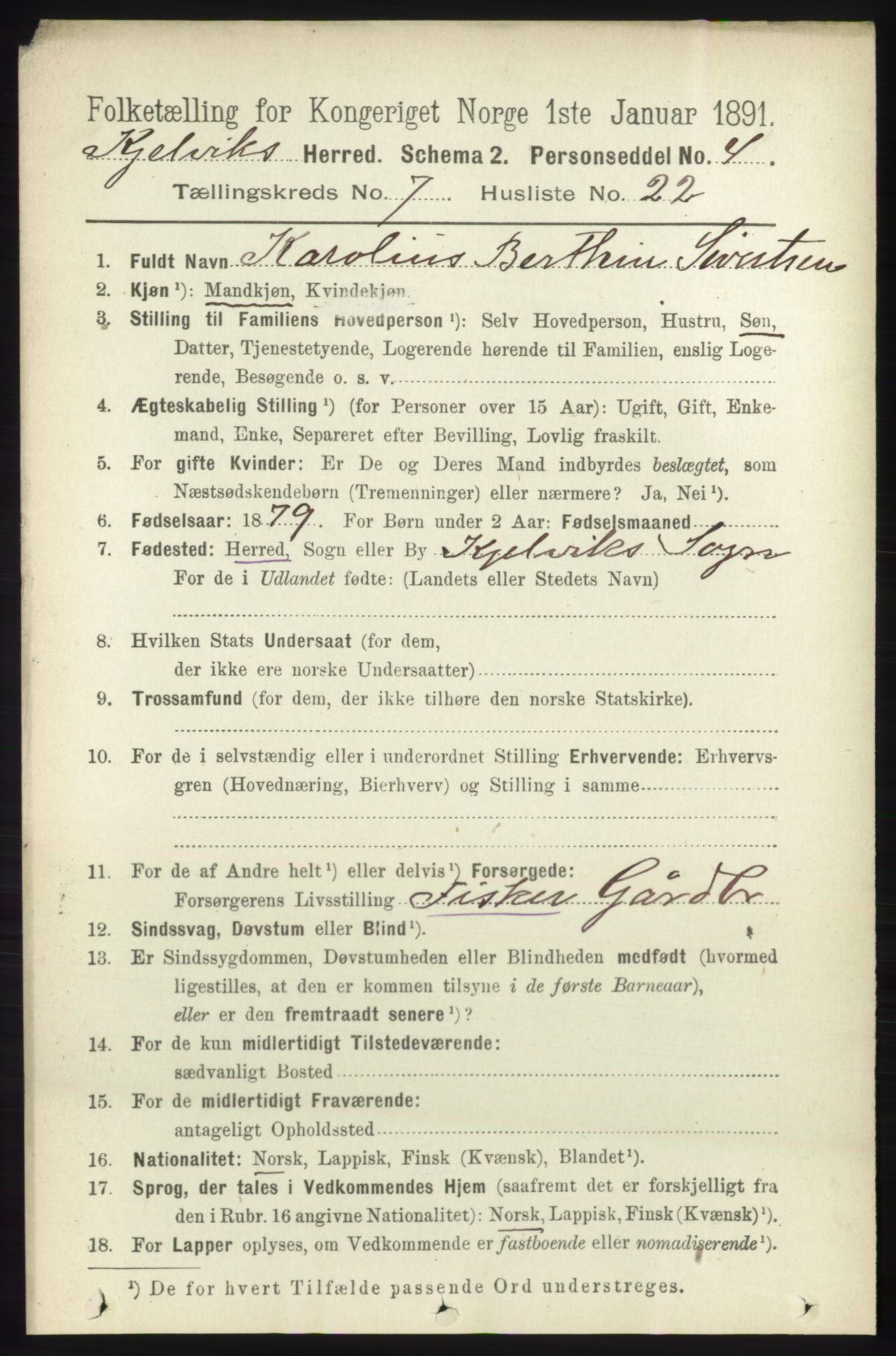 RA, Folketelling 1891 for 2019 Kjelvik herred, 1891, s. 1039