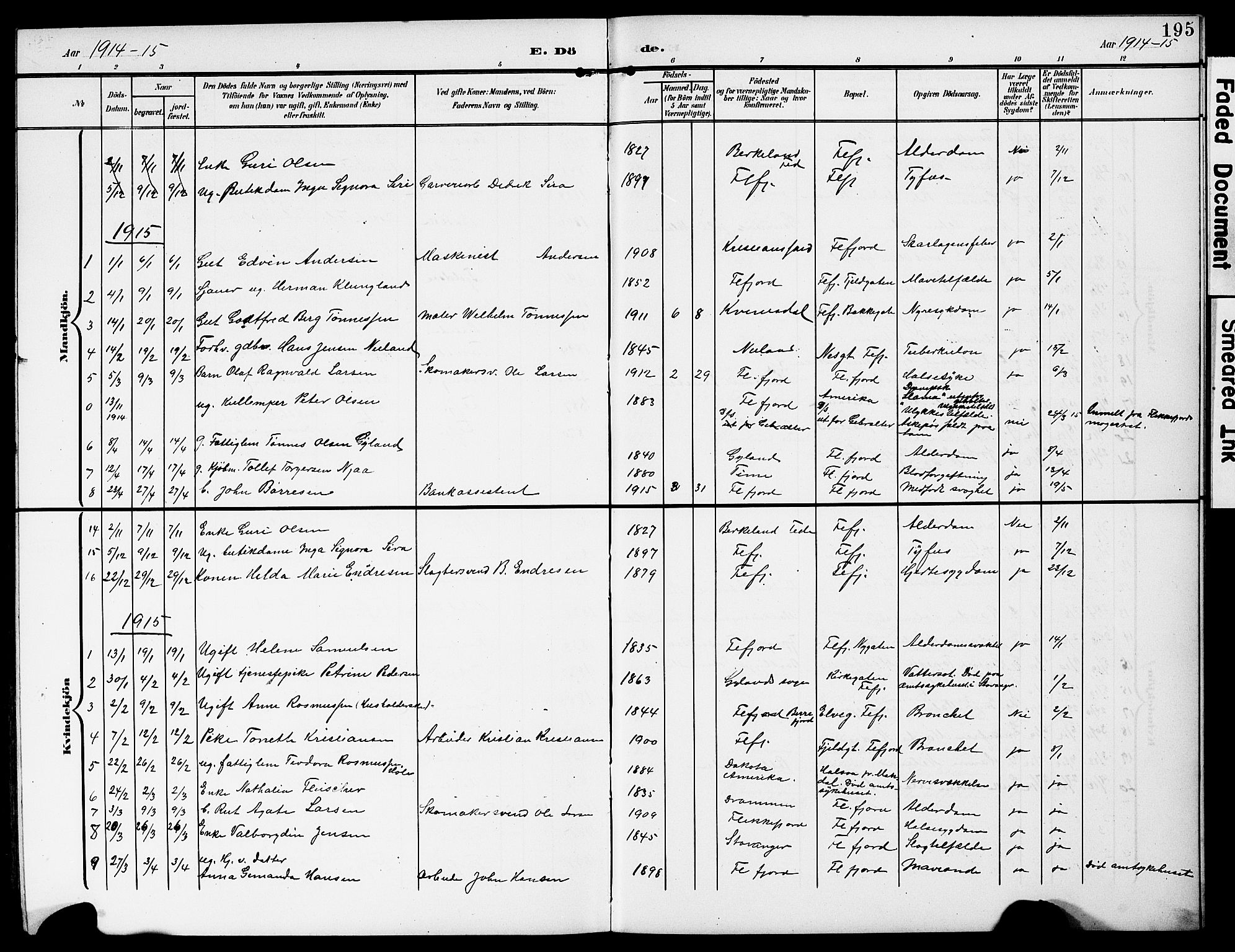 Flekkefjord sokneprestkontor, SAK/1111-0012/F/Fb/Fba/L0001: Klokkerbok nr. B 1, 1903-1931, s. 195