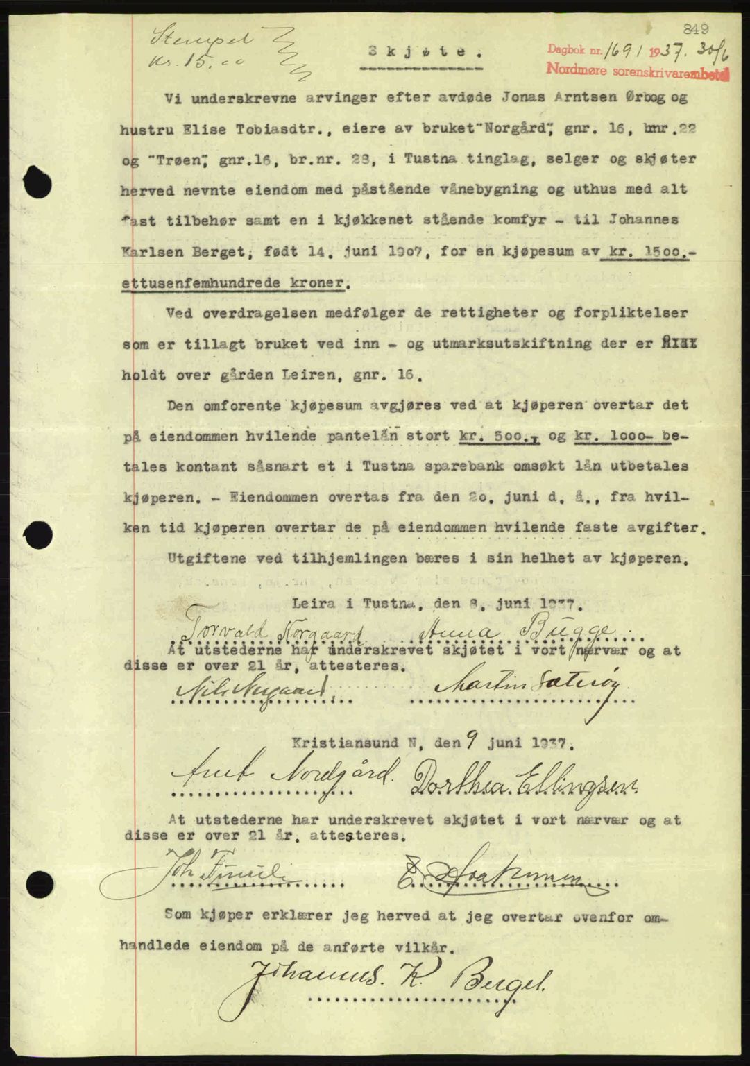 Nordmøre sorenskriveri, SAT/A-4132/1/2/2Ca: Pantebok nr. A81, 1937-1937, Dagboknr: 1691/1937