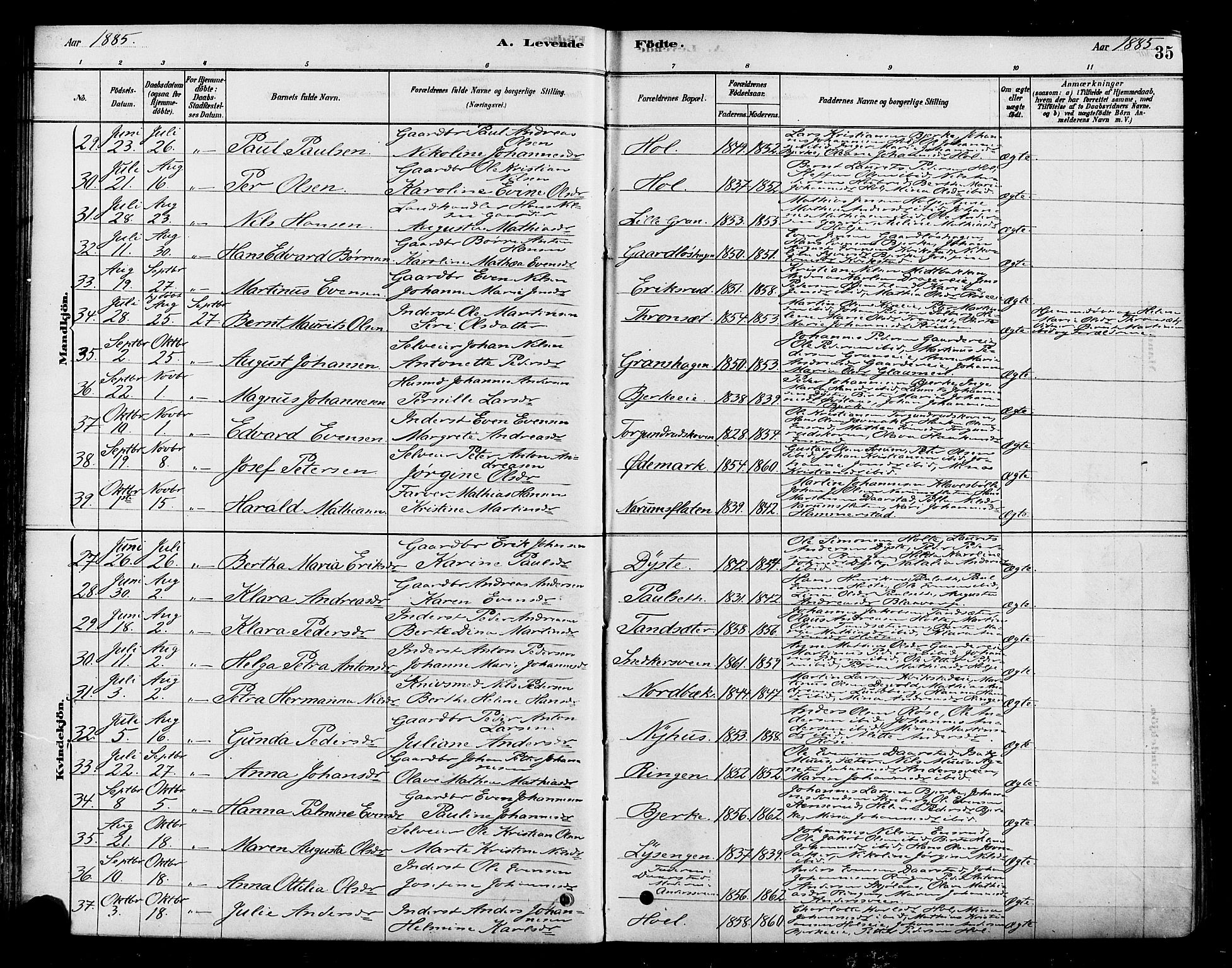 Vestre Toten prestekontor, AV/SAH-PREST-108/H/Ha/Haa/L0010: Ministerialbok nr. 10, 1878-1894, s. 35